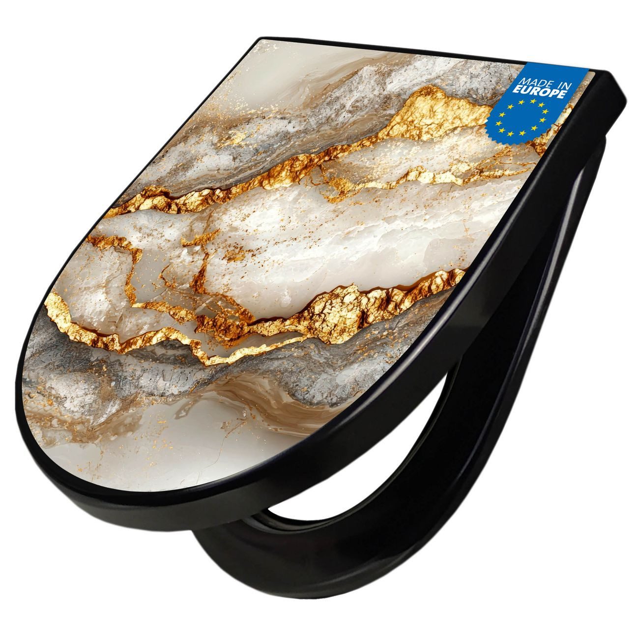 banjado WC-Sitz Premium D-Form mit Absenkautomatik Motiv Weißer Marmor mit Gold 2 (umweltfreundliches Material, Softclose Absenkautomatik), 45 x 36,4 x 4
