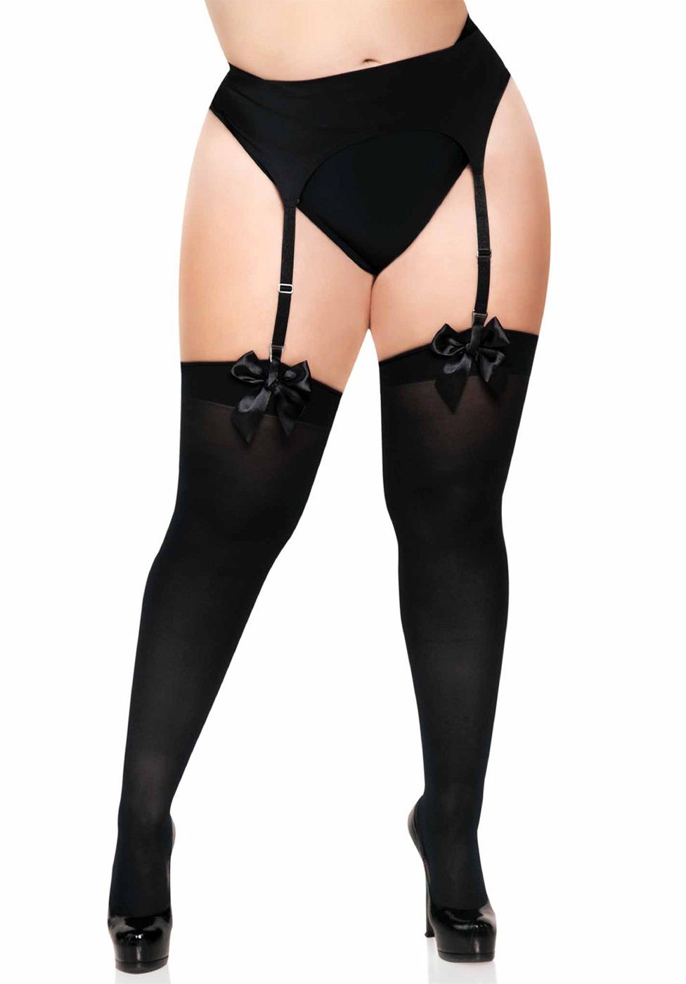 Leg Avenue Strapsstrümpfe Straps-Strümpfe mit Schleifen Plus Size - schwarz (1-Paar) transparent