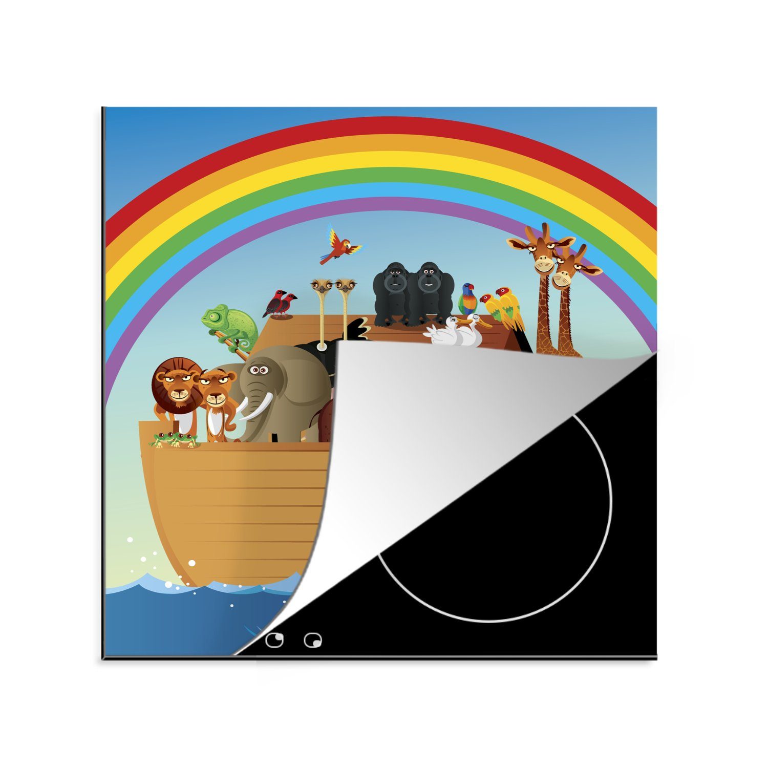 MuchoWow Herdblende-/Abdeckplatte Eine Illustration von Noahs Arche unter dem Regenbogen, Vinyl, (1 tlg), 78x78 cm, Ceranfeldabdeckung, Arbeitsplatte für küche