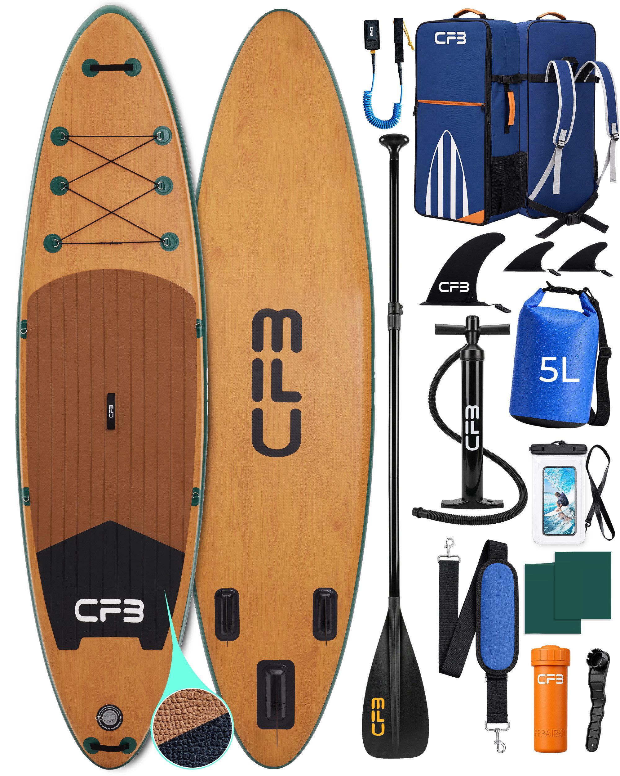 CFB SUP-Board Set 320x84x15 cm extra breit, 160 kg Traglast, aufblasbares Stand Up Paddle Board, (Komplett-Set, mit Paddel, Pumpe, Rucksack, 5L Dry Bag und Schultergurt), für Anfänger und Erwachsene