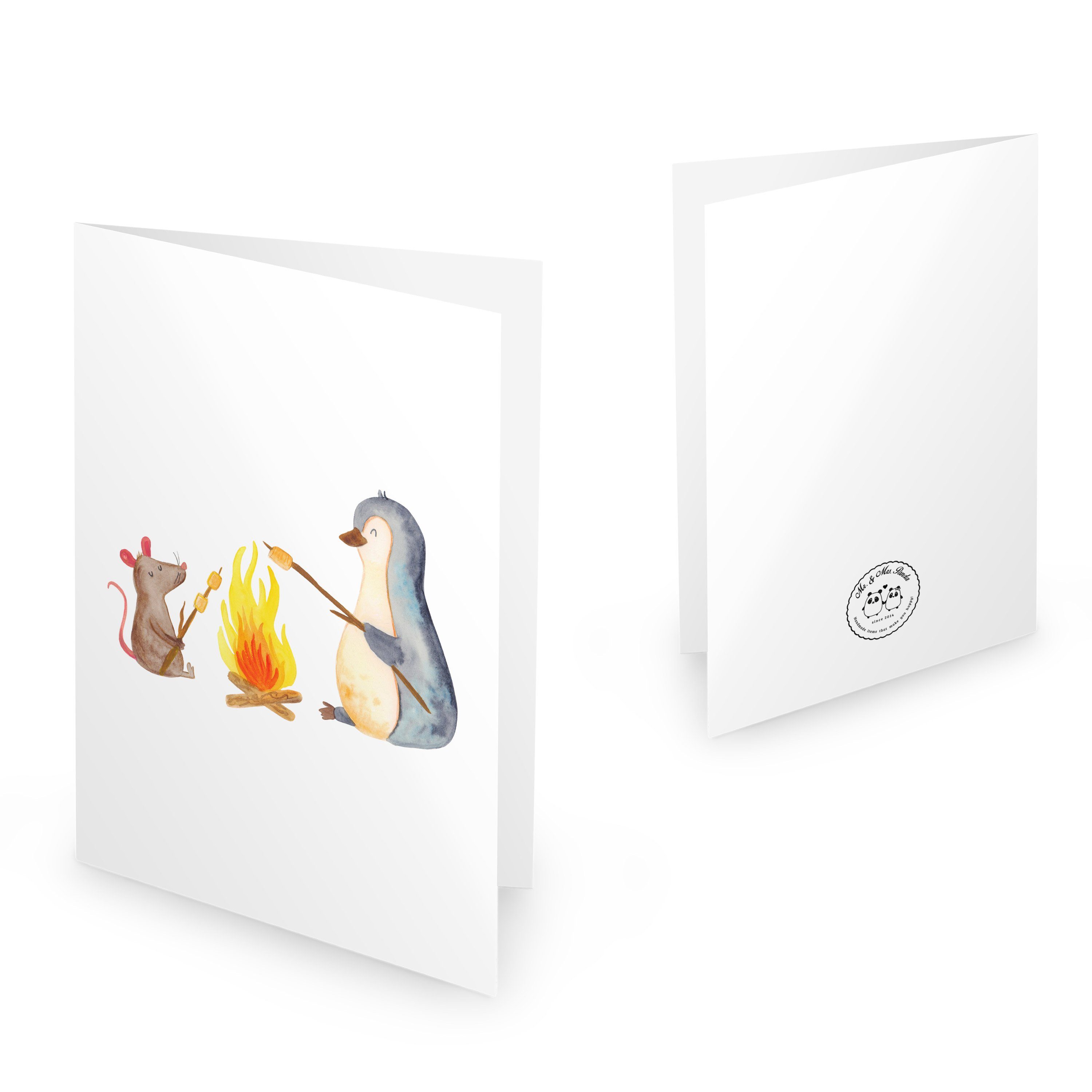 Mr. & Mrs. Panda Grußkarte Lagerfeuer - Klappkarte, Geschenk, Pinguin grillen Neustart, - Weiß