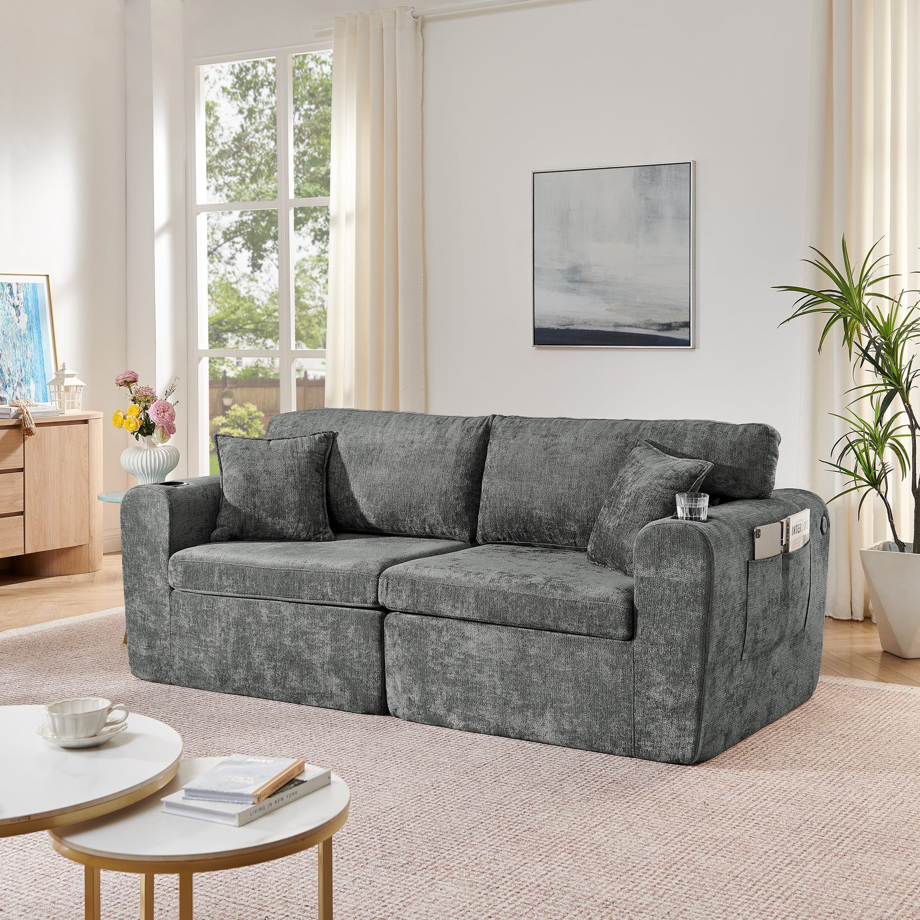 Odikalo 2-Sitzer Sofas wohnzimmer Loungesofa mit Schlaffunktion, Relaxsofa für kleine Räume aus weichem Chenille-Stoff ausgestattet mit seitlicher Magazintasche Getränkehalter und Kissen geeignet für Wohnzimmer Arbeitszimmer Gästezimmer und Wohnungen
