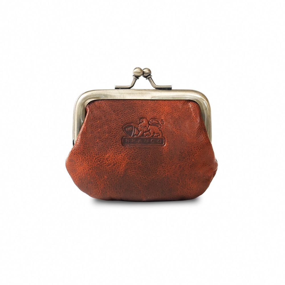 BRANCO Mini Geldbörse Retro Geldbeutel, Bügelbörse, Damen, Leder, Cognac-Braun