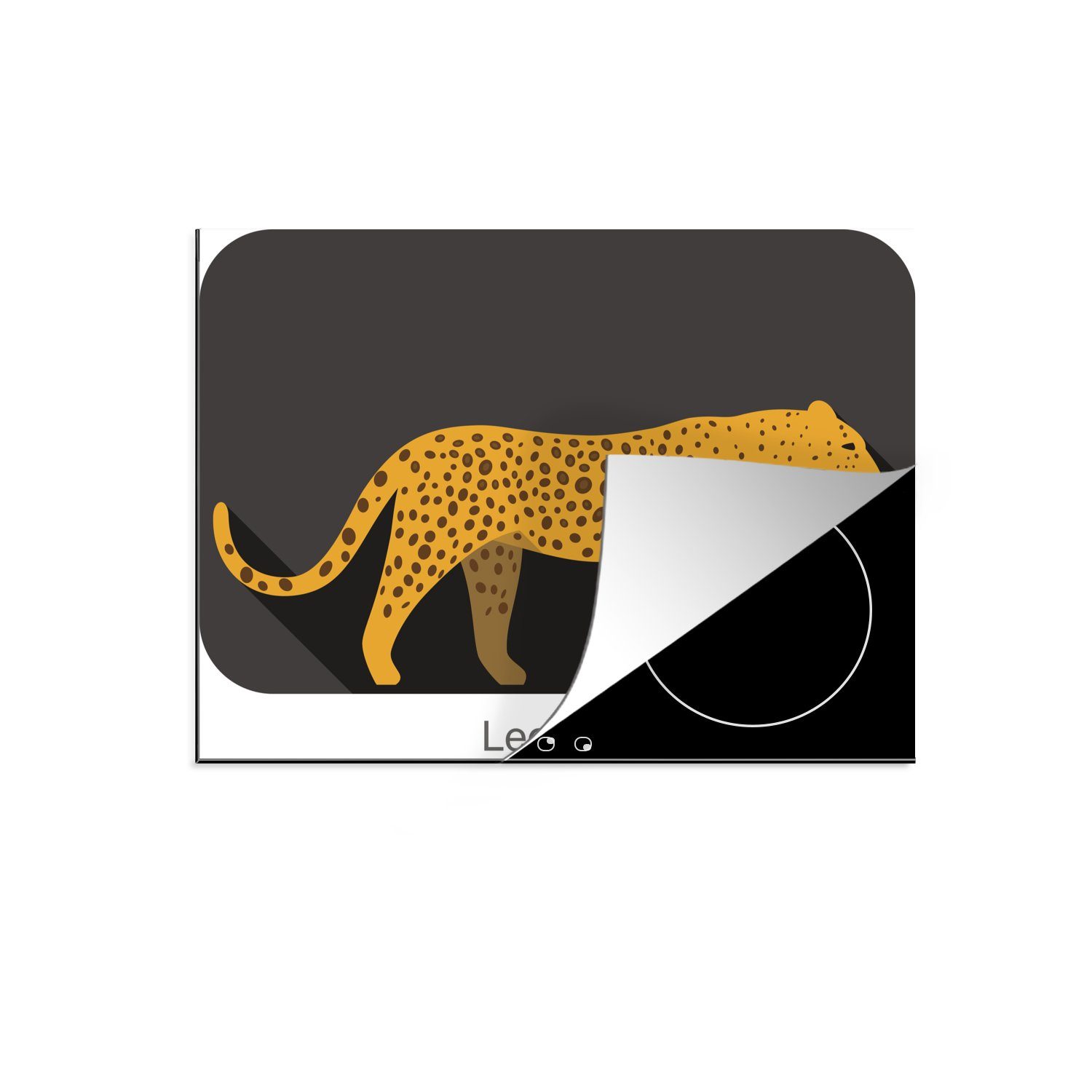 MuchoWow Herdblende-/Abdeckplatte Eine Illustration eines Leoparden auf schwarzem Hintergrund, Vinyl, (1 tlg), 70x52 cm, Mobile Arbeitsfläche nutzbar, Ceranfeldabdeckung