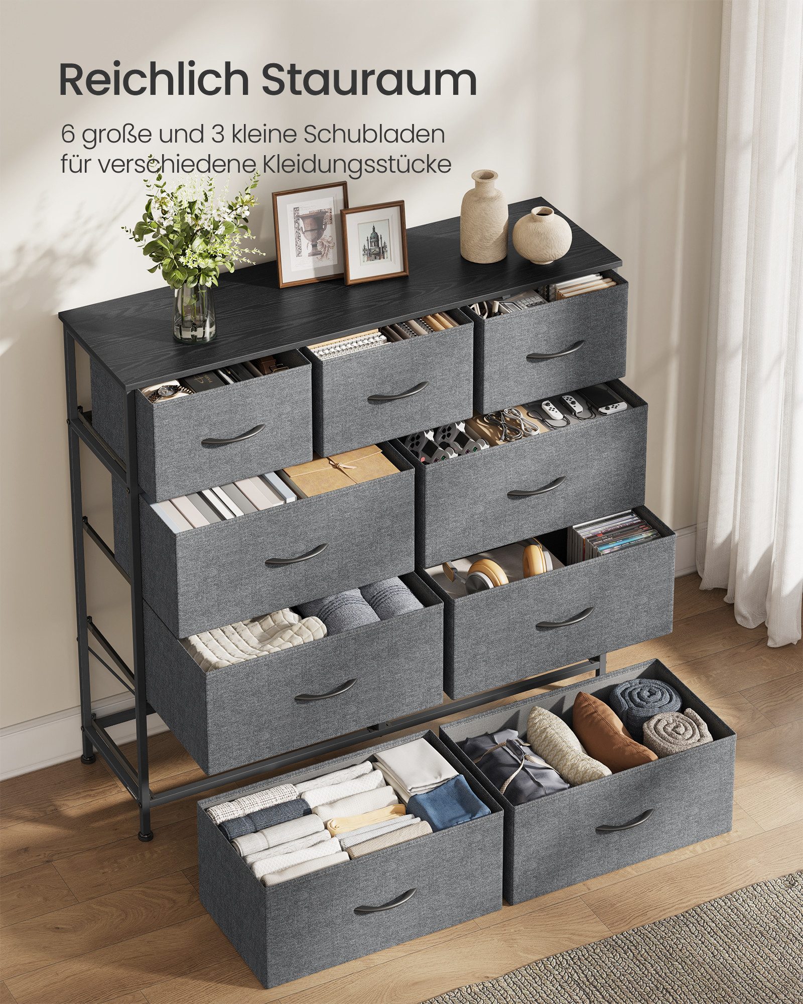 SONGMICS Kommode Schrank, Aufbewahrungsschrank, Stahl, MDF, Vliesstoff, für Schlafzimme