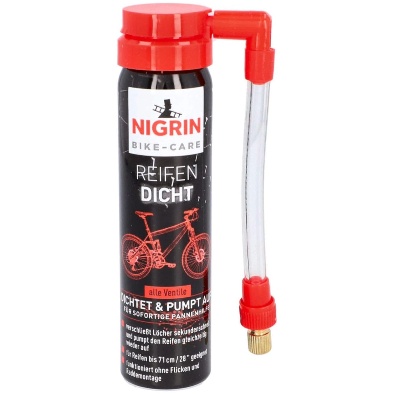 NIGRIN Reifen-Reparaturset Bike Fahrrad Reifen-Dicht Pannen-Spray Dichtmittel, 1-St., 1x Reifendicht-Spray 75ml, Reifendicht-Spray Flickzeug Reifenpilot Pannenhilfe Schnell Reparatur