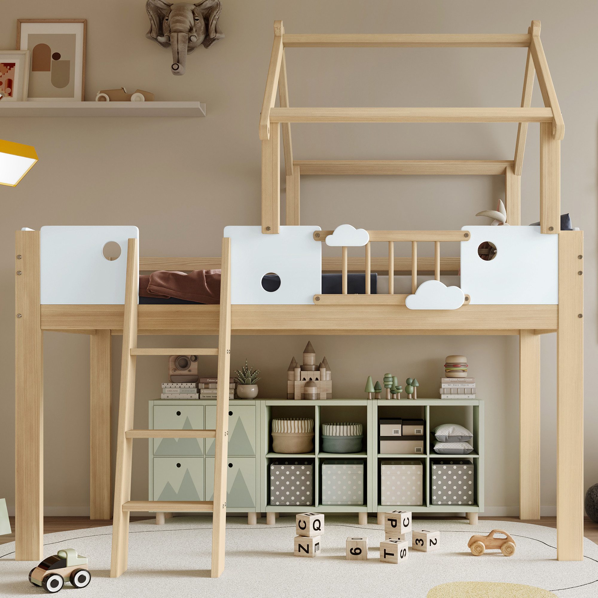 EXTSUD Hochbett Hochbett 90x200 cm Kiefer – mit Dach, Schrägleiter & Rausfallschutz