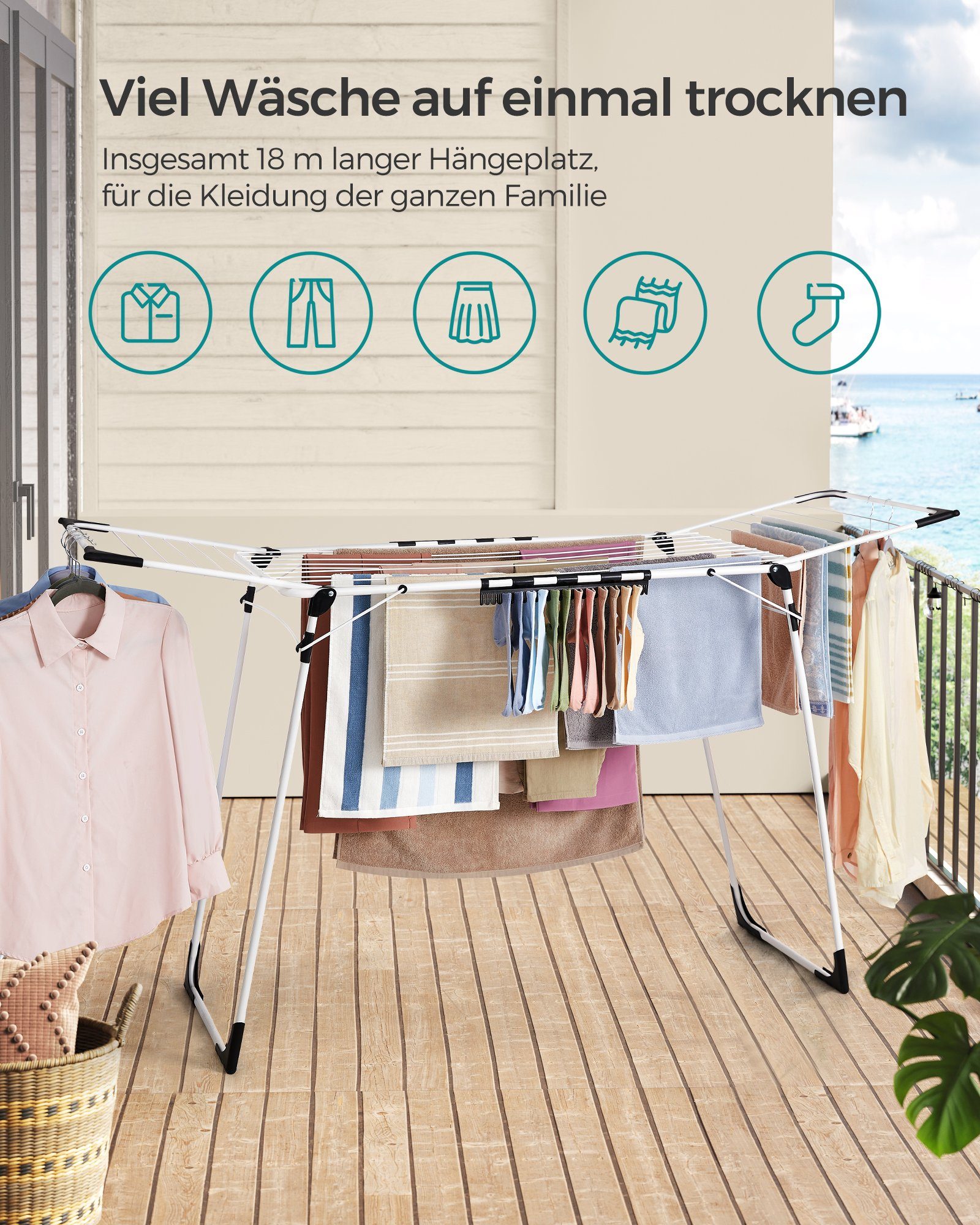 SONGMICS Wäscheständer Standtrockner, mit Sockenhalter, Metall, für Kleidung, Handtücher, 52,5 x 173 x 96,5 cm, Flügelwäschetrockner platzsparend, weiß