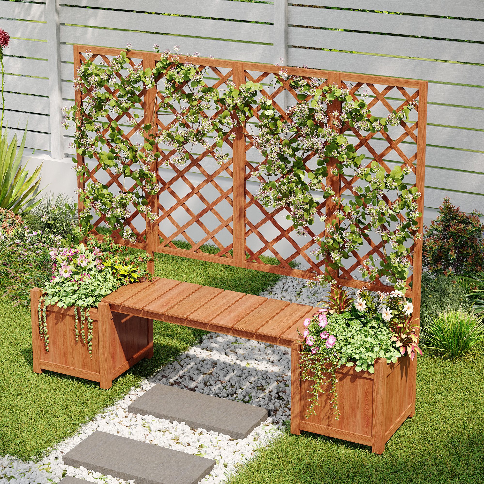 HAUSS SPOLE Blumenkasten Pflanzgefäß mit Spalier als Rankhilfe, Blumenkasten Pflanzenkasten (Pflanzgefäß, Blumenkübel mit viel Platz, Pflanzkasten, 1 St., für Kletterpflanzen, Kräuter und Gemüse, feuchtigkeitsbeständig), Mit Sitzgelegenheit, Einfach zu montieren