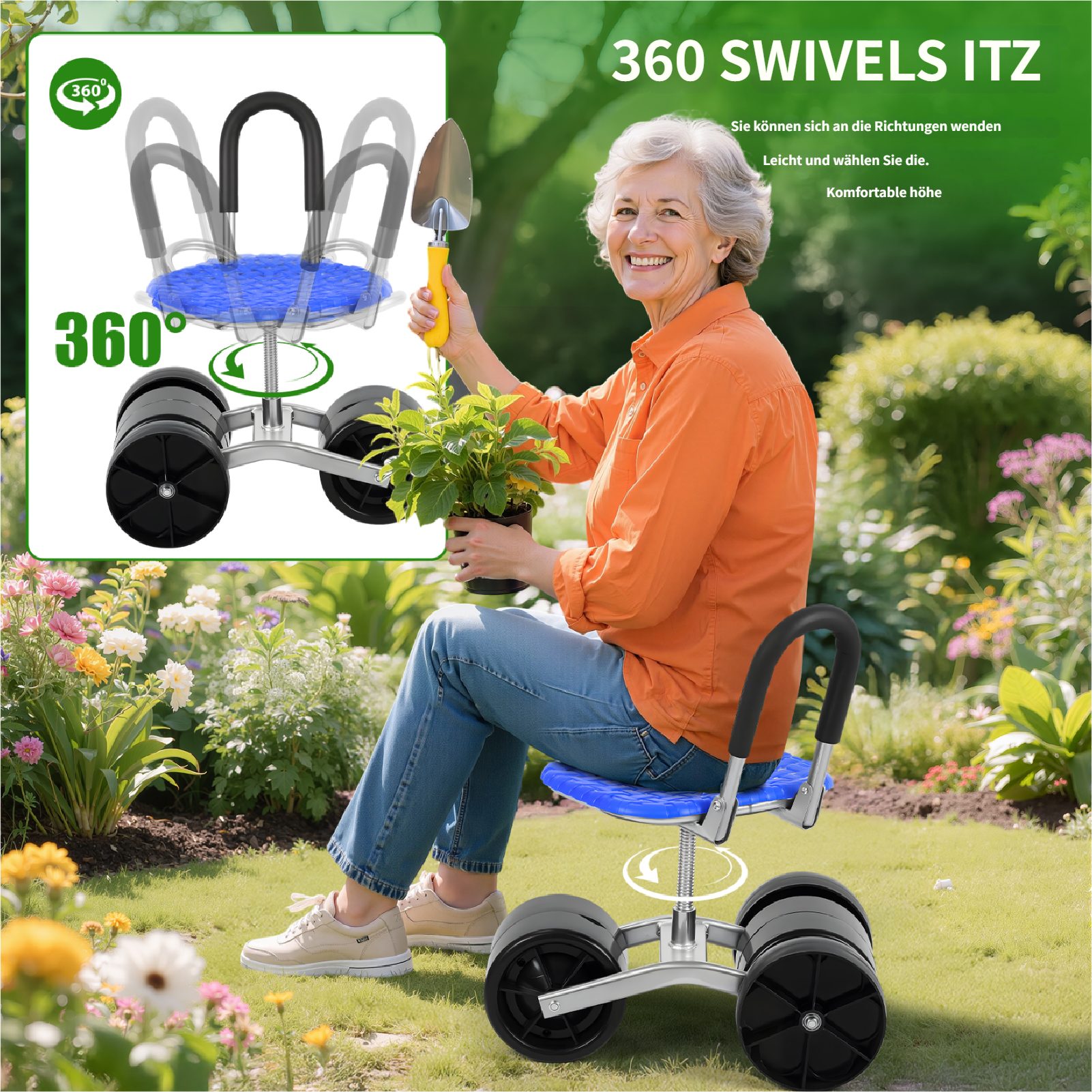 Rutaqian Bürowagen Gartenhocker mit Rädern, Rollbarer Gartenwagen mit 360-Grad-Drehsitz, höhenverstellbar Rollwagen Gartensitz Belastbarkeit 330lbs – Bild 5 von 5