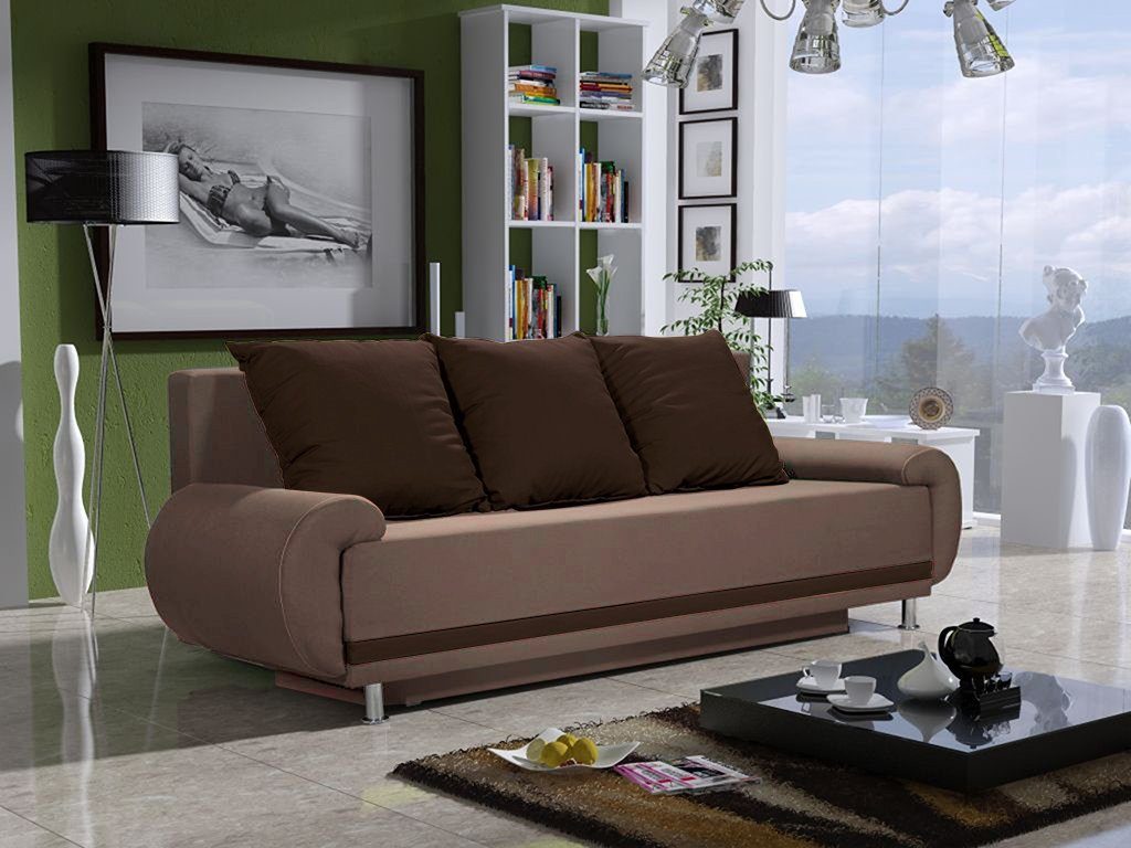 Fun Möbel Schlafsofa Sofa Designersofa MIKA 3-Sitzer mit Schlaffunktion, inkl. 3 Rückenkissen, mit Bettkasten Sand-Braun