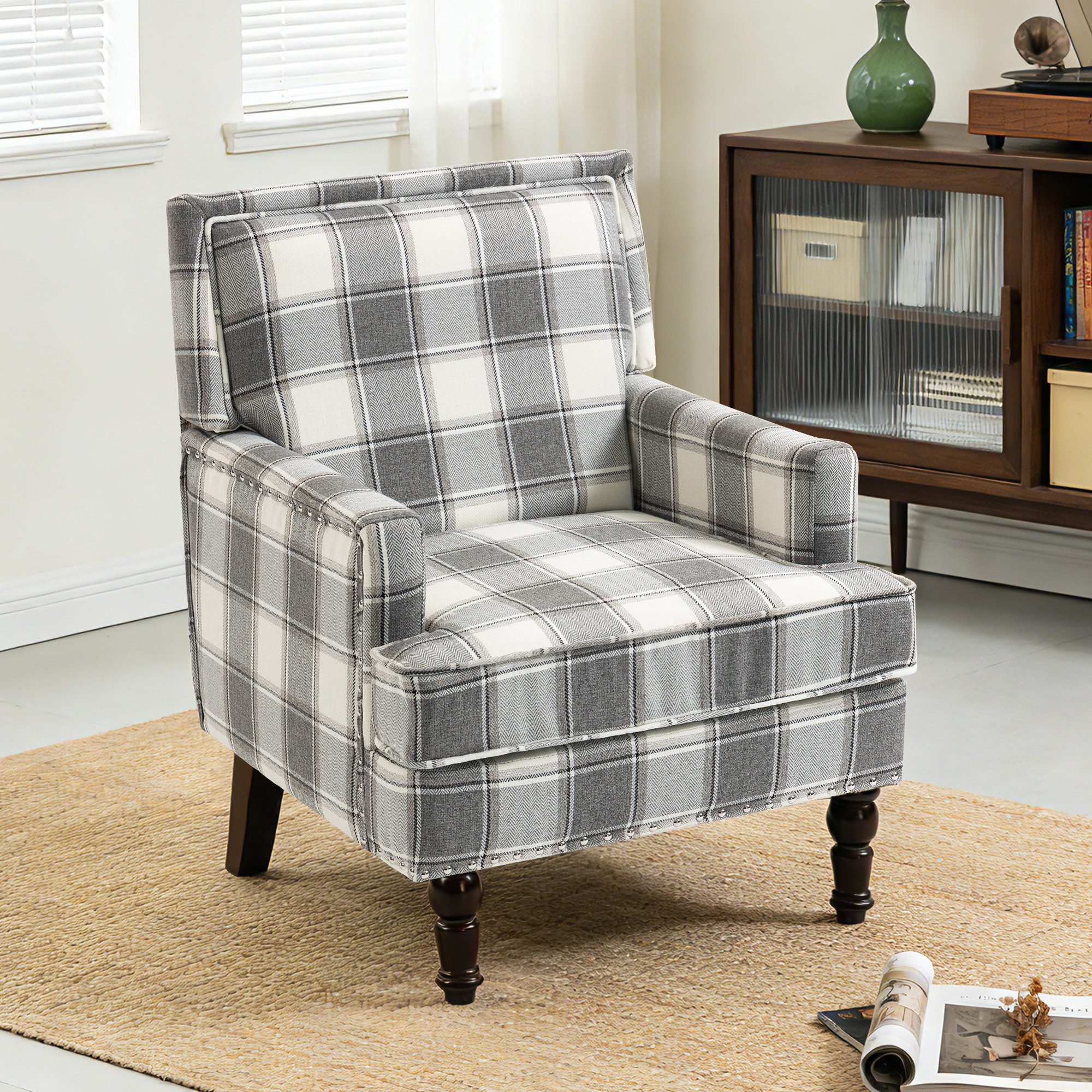 KLAM HOME Loungesessel Retro-Sessel aus blau-weiß gestreiftem Baumwoll-Leinenstoff (Wohnzimmer Sessel mit edler Nagelkopfeinfassung & Massivholzrahmen), Bequemer Polster-Sessel mit Hochdicht-Schaum für stilvolle Innenräume