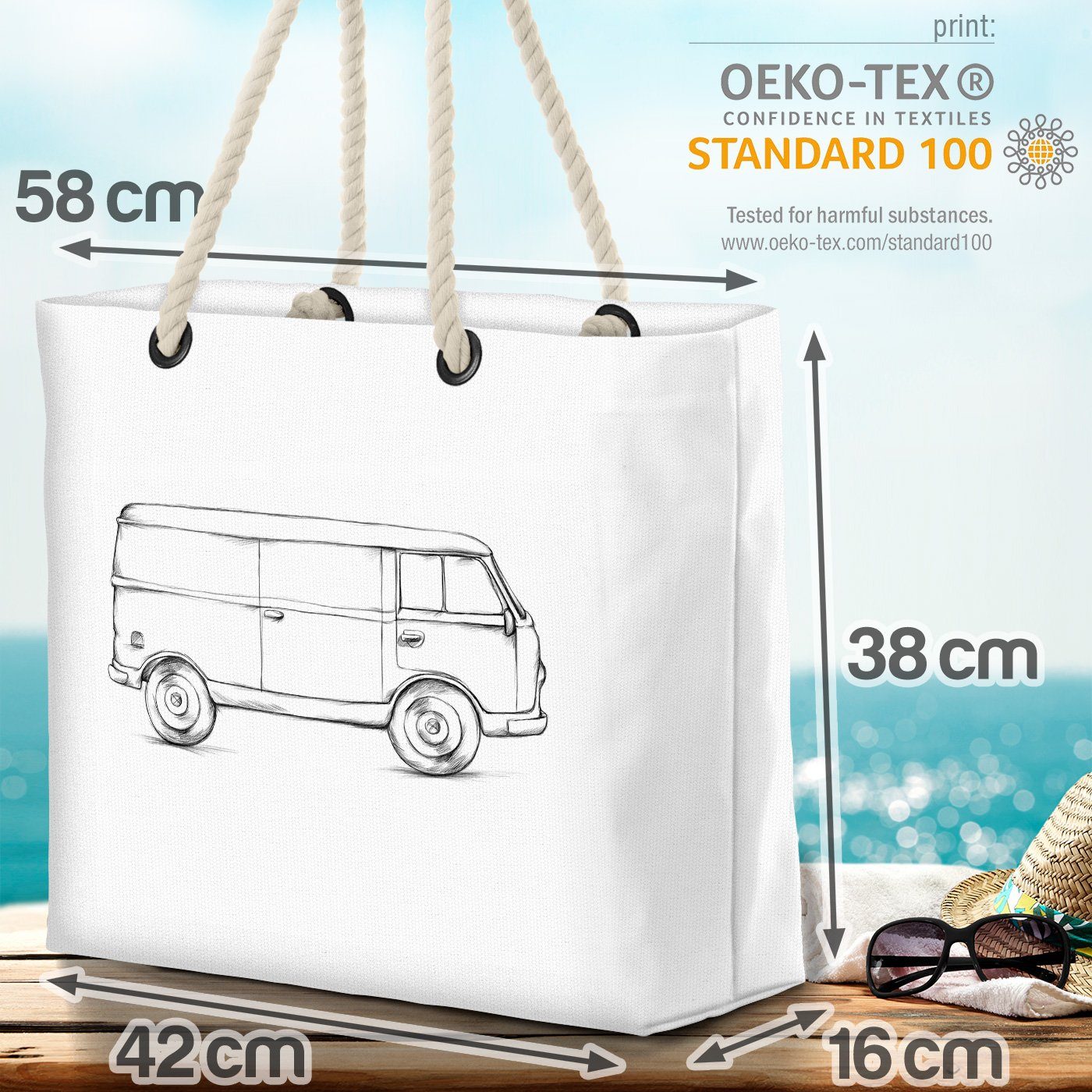 VOID Strandtasche (1-tlg), Bulli Camping Zeichnung Abenteuer Fa Reisen Skizze Urlaub Outdoor Van