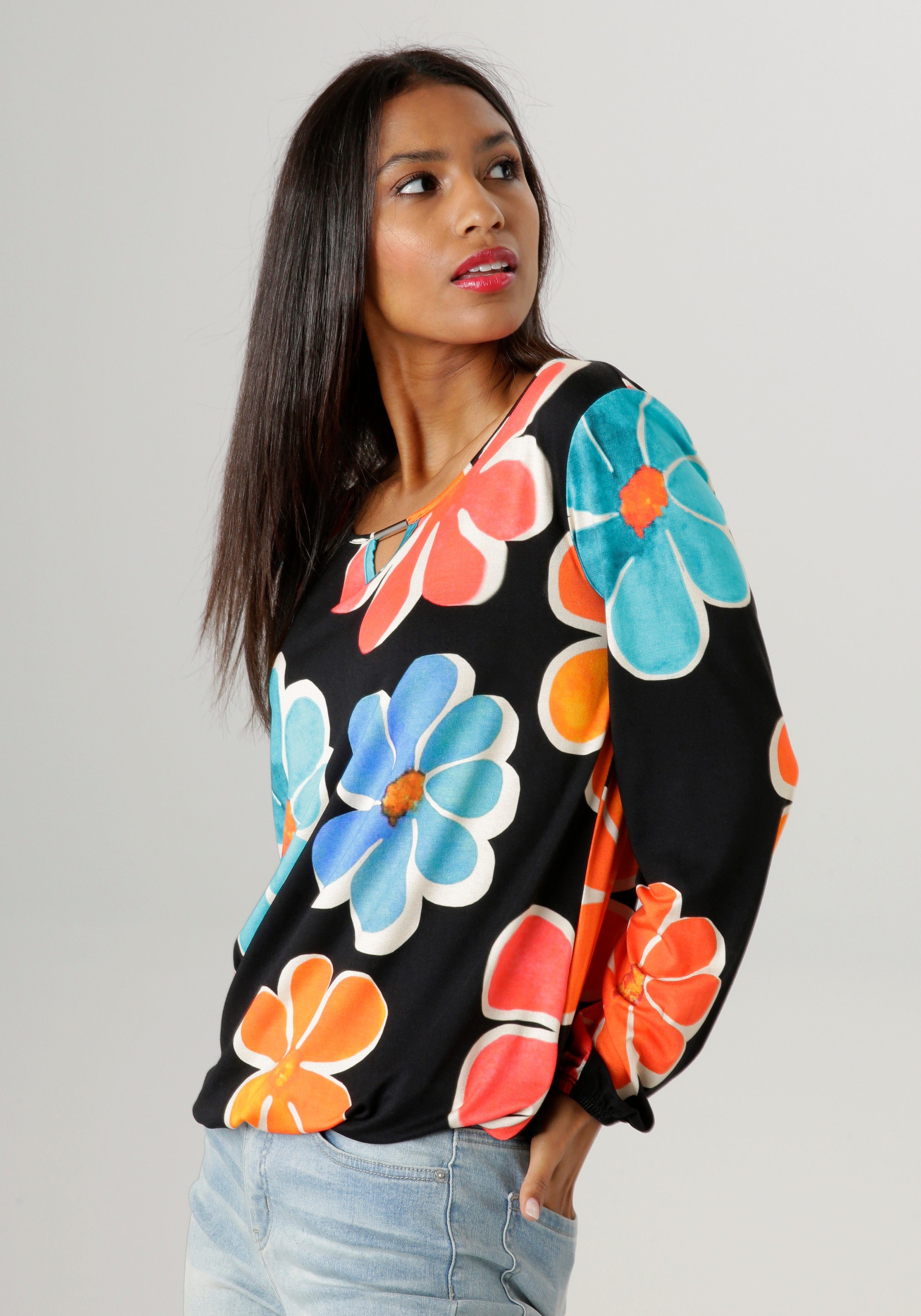 ANISTON SELECTED Langarmshirt mit Cut-out und farbenfrohem Blütendruck mehr
