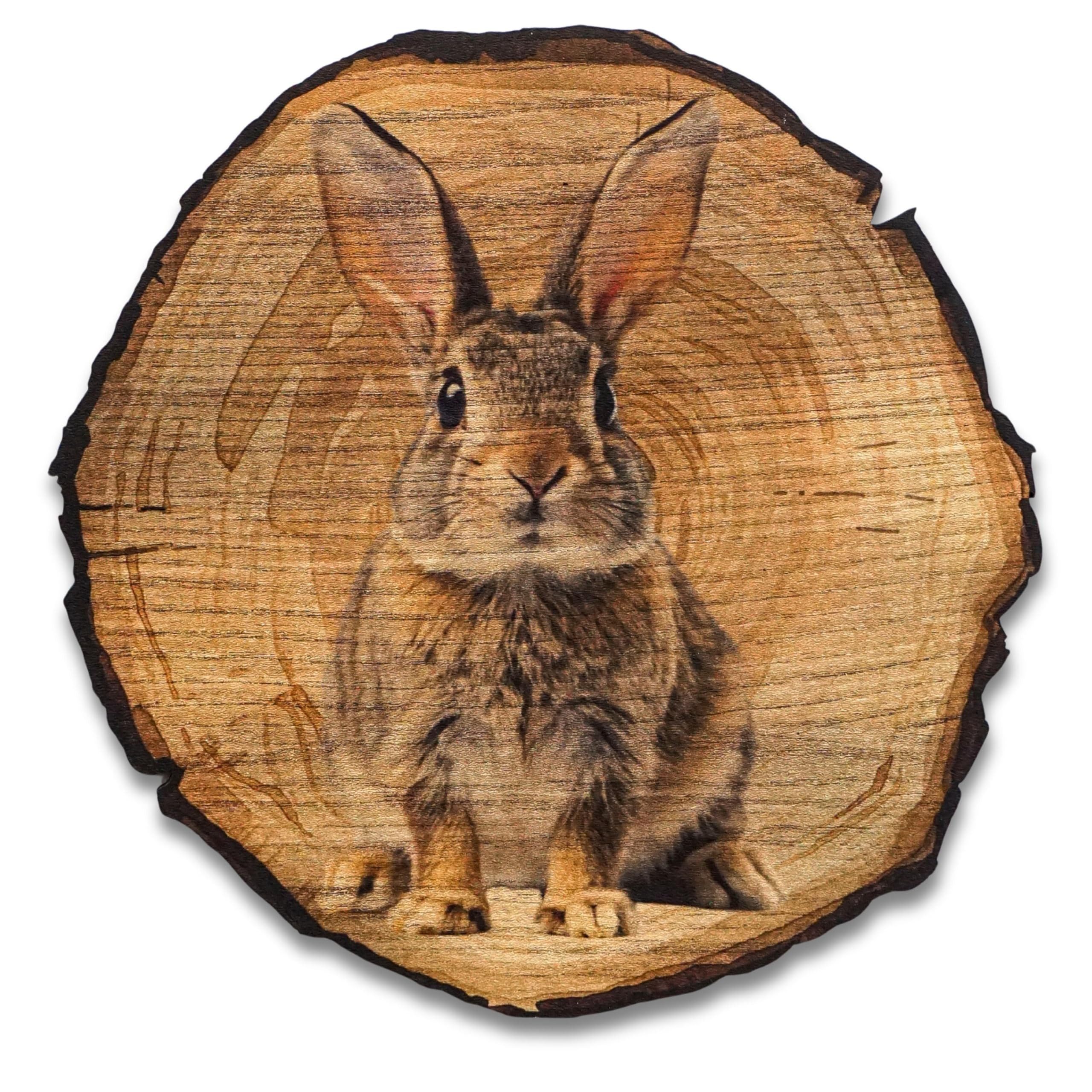DARO Design Wandbild Tiere Holzoptik Wandbilder Wand Deko Bilder Vintage, (Hase - Bild groß Wohnzimmer Flur Schlafzimmer Diele Arbeitszimmer Einteilig Rund Fotodruck Baumscheiben-Tiere), 80x80 cm