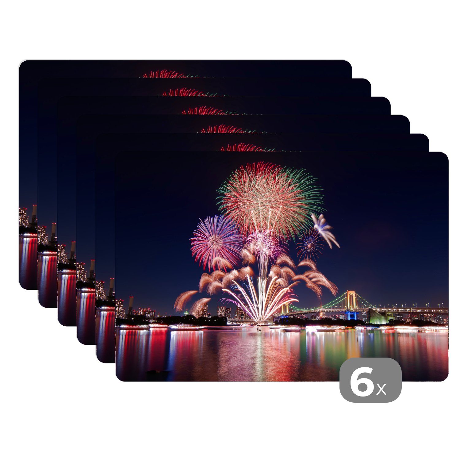 Platzset, Feuerwerk spiegelt sich in der Silvesternacht im Wasser, MuchoWow, (6-St), Platzset, Platzdecken, Platzmatte, Tischmatten, Schmutzabweisend