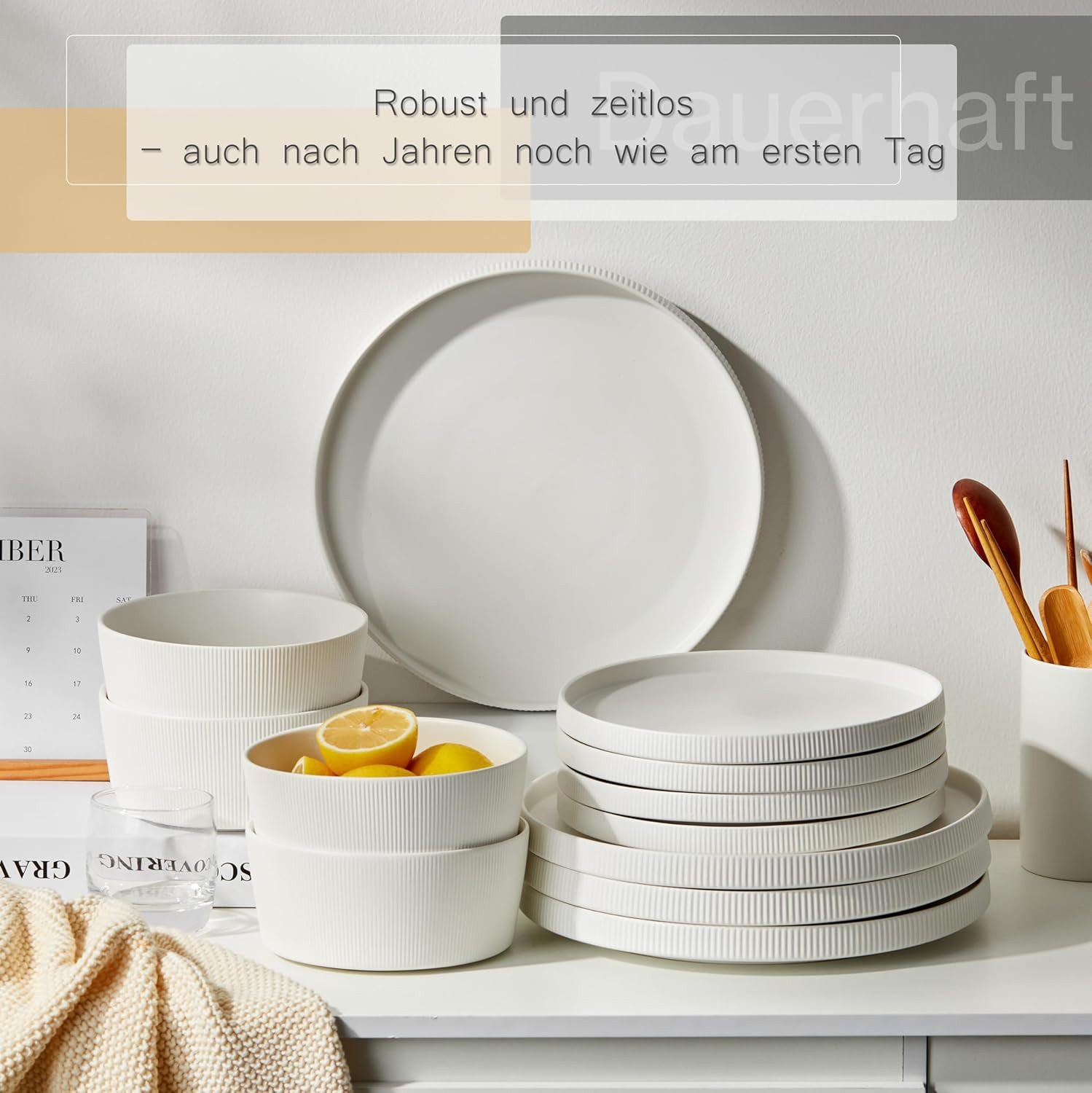 JIWOO Geschirr-Set 12tlg Kombiservice Teller-Set Tafelservice Schüssel-Set Speiseteller (12-tlg), 4 Personen, Keramik, Hochwertiges Geschirr set Weiß Mikrowelle – Bild 5 von 5