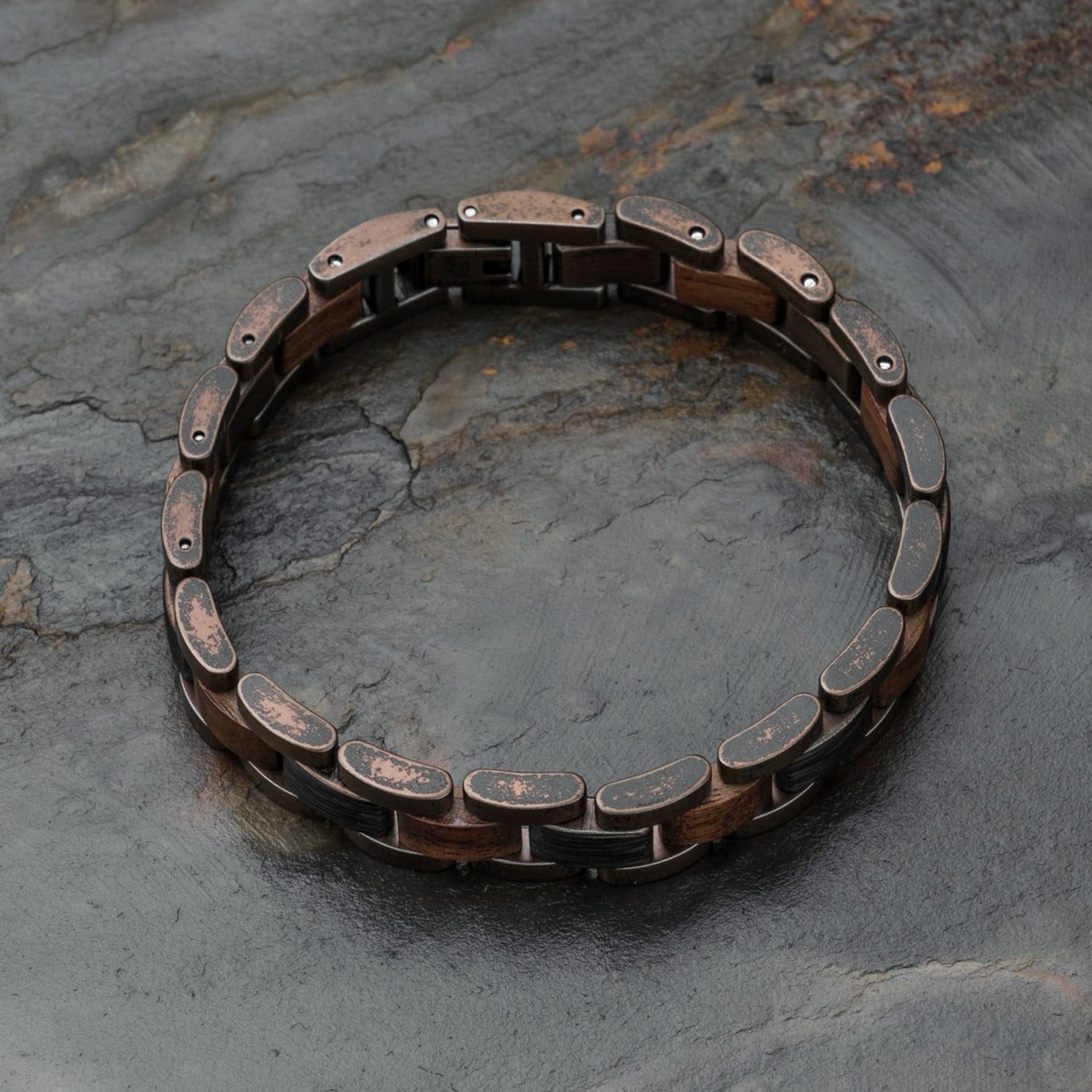 Holzkern Gliederarmband für Edelstahl mit Holz Marked Walnuss/Kupferfarben
