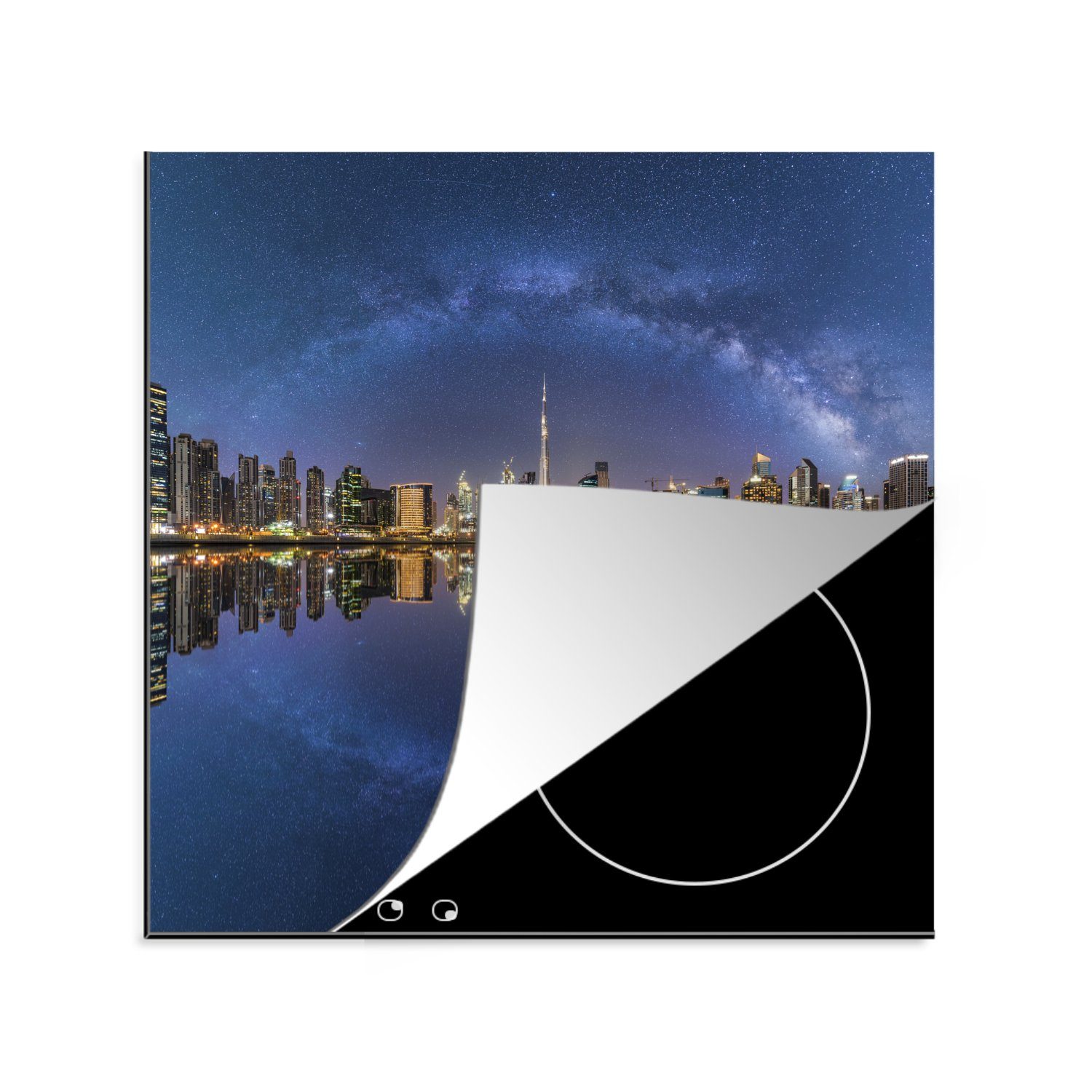 MuchoWow Herdblende-/Abdeckplatte Skyline der küche Milchstraße Arbeitsplatte für und, spiegelnden cm, tlg), 78x78 Dubai Wasser sich im (1 von Vinyl, mit Ceranfeldabdeckung
