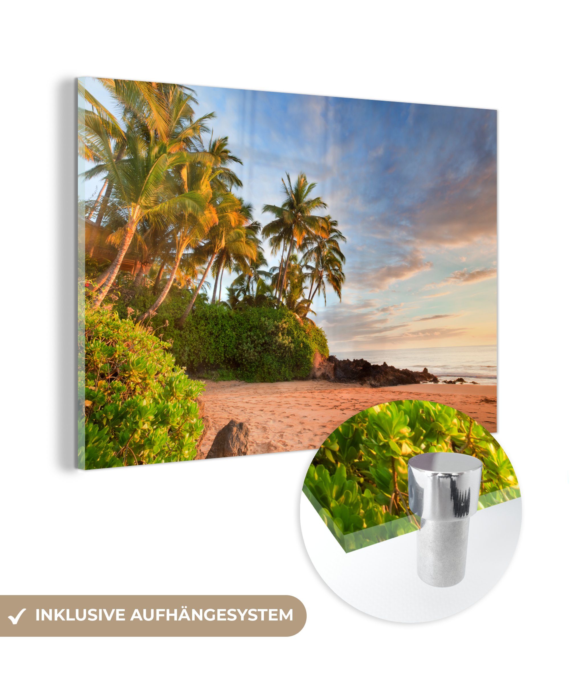 MuchoWow Acrylglasbild Palmen am Strand von Maui bei Sonnenuntergang, (1 St), Acrylglasbilder Wohnzimmer & Schlafzimmer