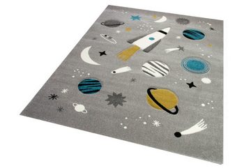 Kinderteppich Teppich Kinderzimmer Weltraum Rakete Planeten grau blau, Carpetia, rechteckig, Höhe: 13 mm