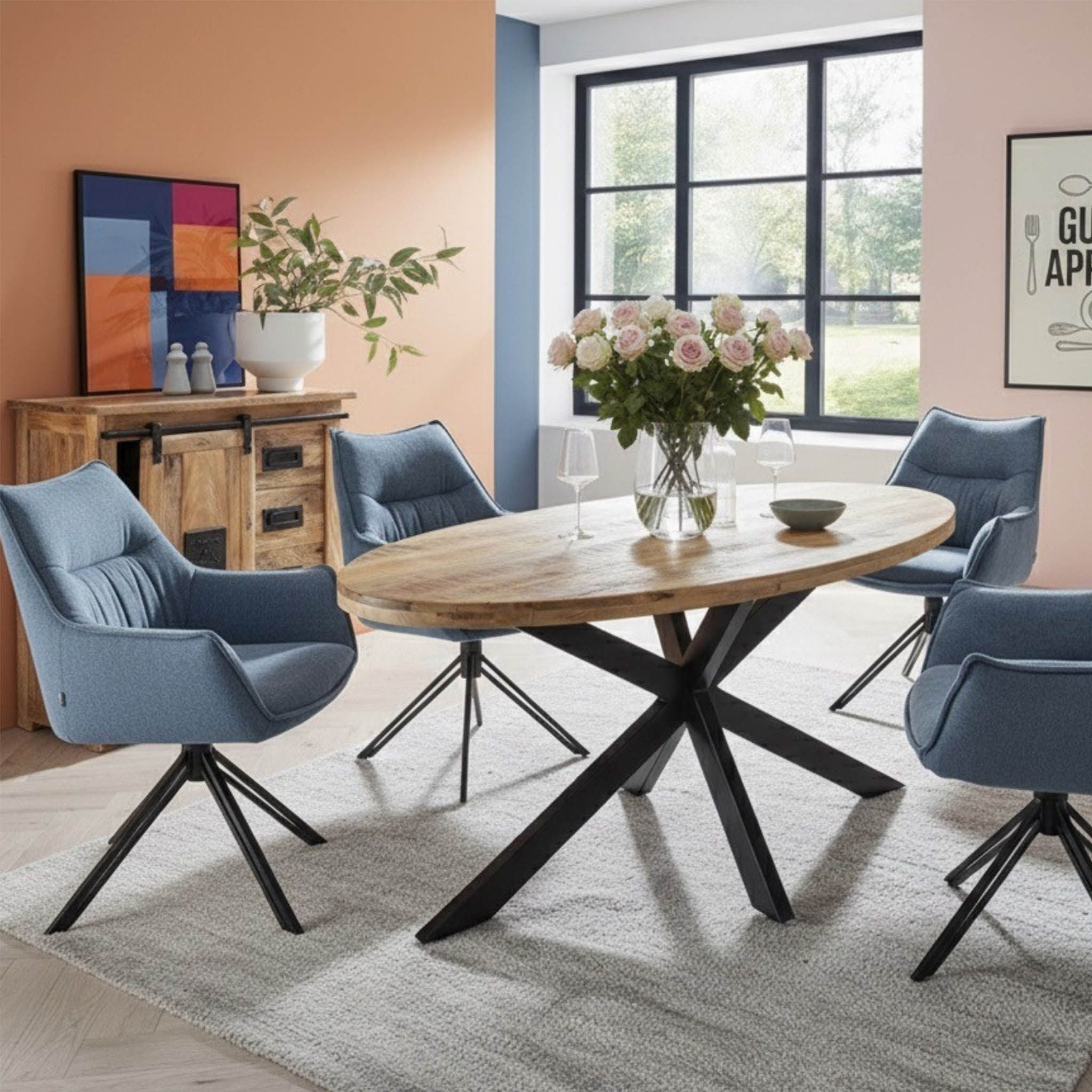 bene living Esszimmer-Set Massivholztisch Avola oval und 4er Set Diningsessel Ginosa blau, (Indoor-Möbelset, 5-St), massive Mangoholz-Tischplatte - drehbare Diningsessel