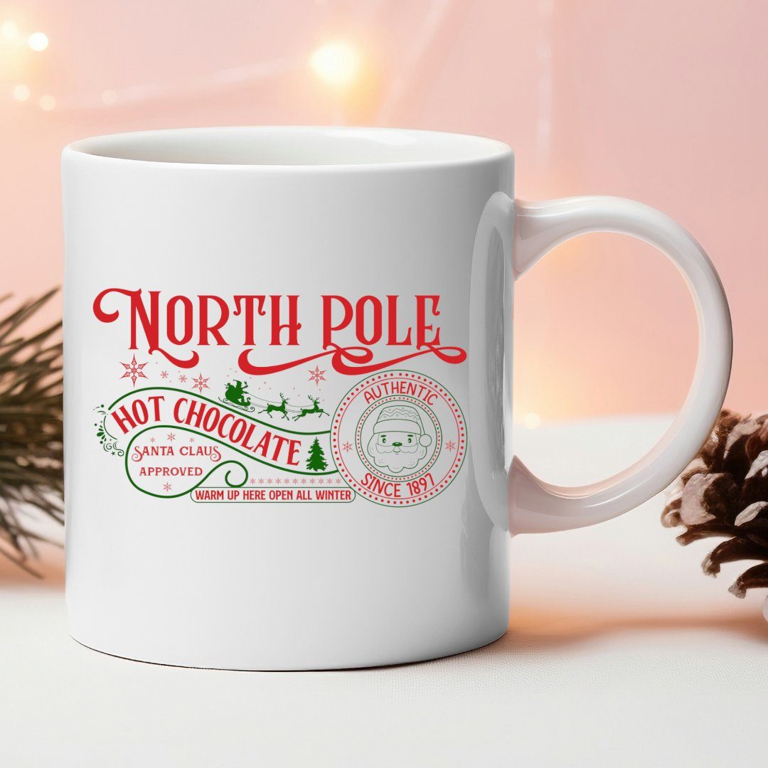 Primawela Tasse Advent Weihnachten Tasse North Pole Kaffeetasse Weihnachtsmotiv Weiß