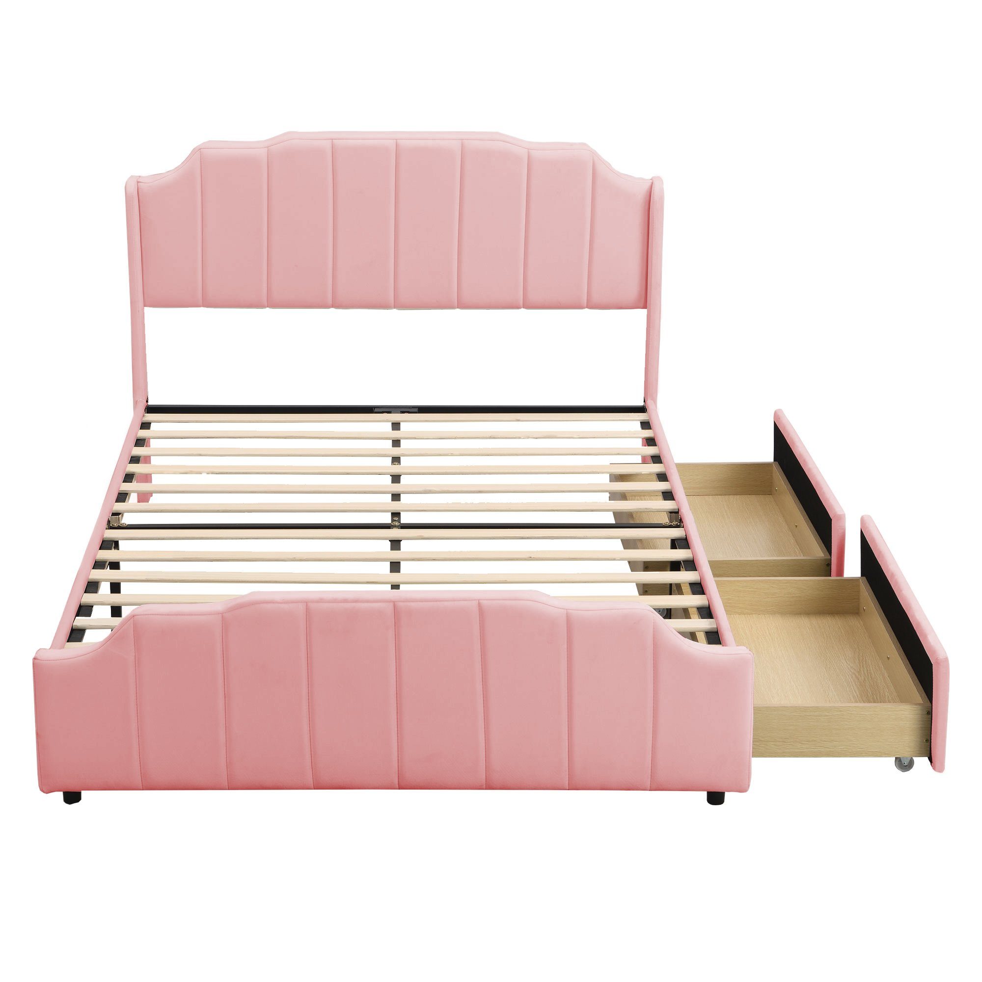 Polsterbett (Kinderbett), Doppelbett 140x200cm mit 2 Schubladen & Lattenrost, weicher Samt-Bezug