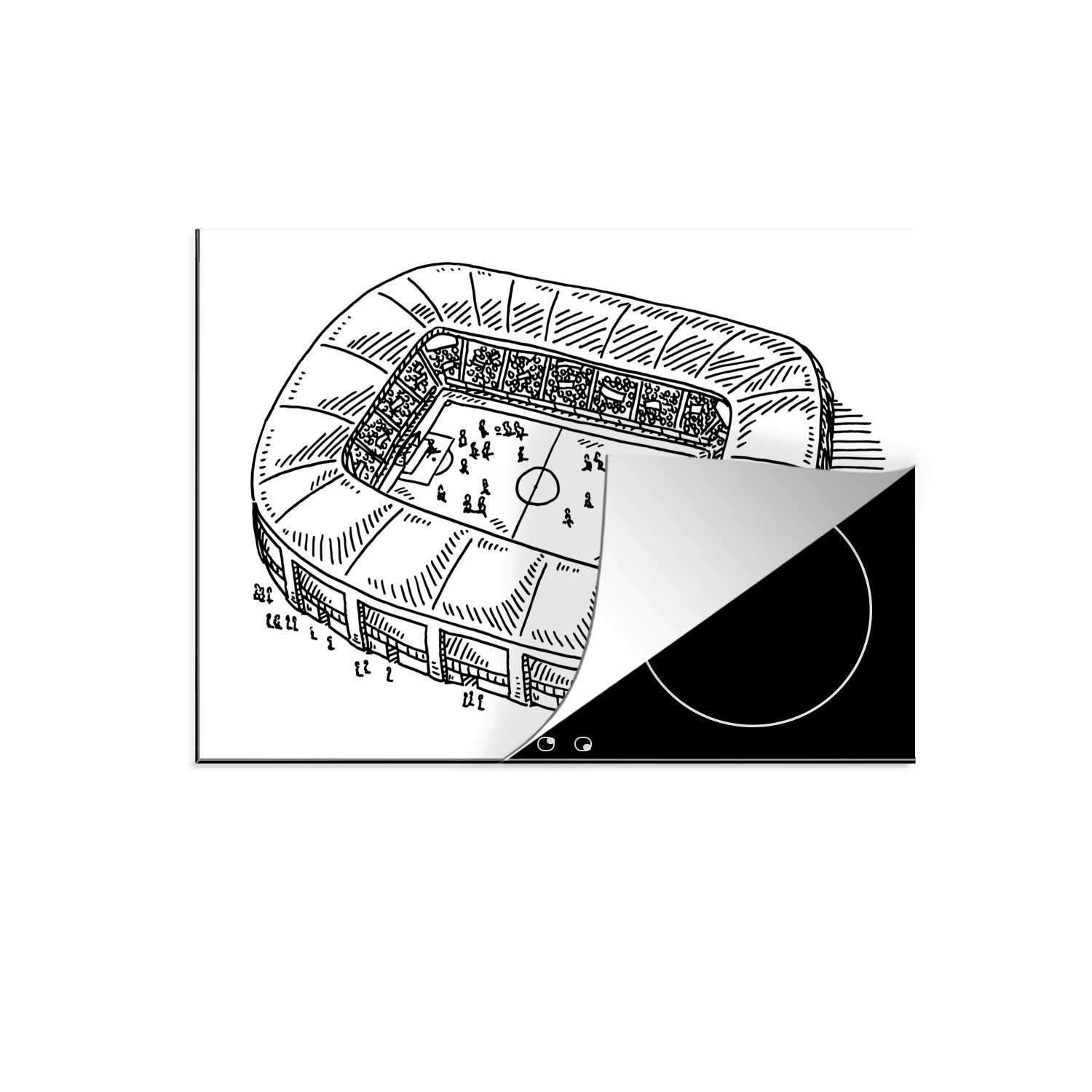 MuchoWow Herdblende-/Abdeckplatte Eine Schwarz-Weiß-Illustration eines Fußballstadions, Vinyl, (1 tlg), 70x52 cm, Mobile Arbeitsfläche nutzbar, Ceranfeldabdeckung