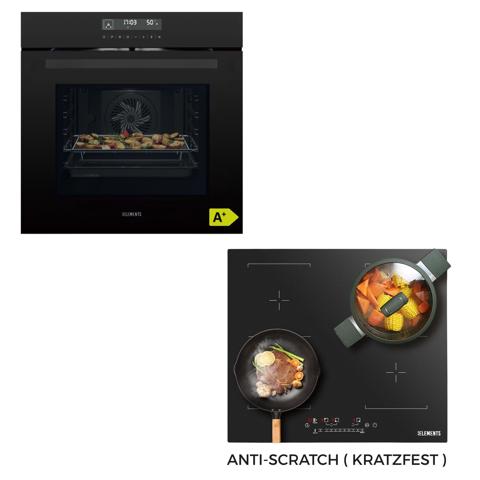 KB Elements Induktions Herd-Set Kratzfestes Induktion 60 cm mit Einbaubackofen 60 cm, mit 2-fach-Teleskopauszug, Einbaubackofen Full Touch, Kratzfestes Induktionskochfeld