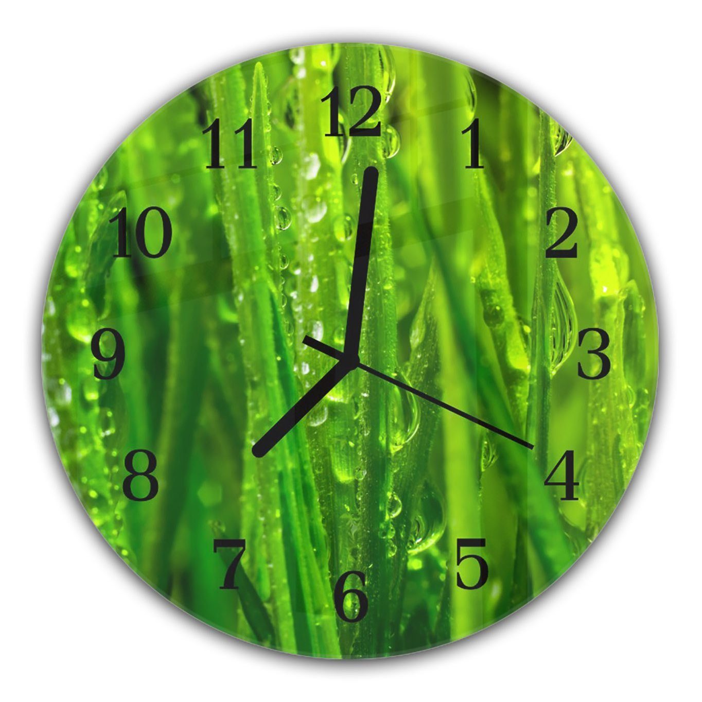 Primedeco Wanduhr Wanduhr aus Glas mit Motiv Grünes Gras im Tau - Rund mit Durchmesser 30 cm und Quarzuhrwerk