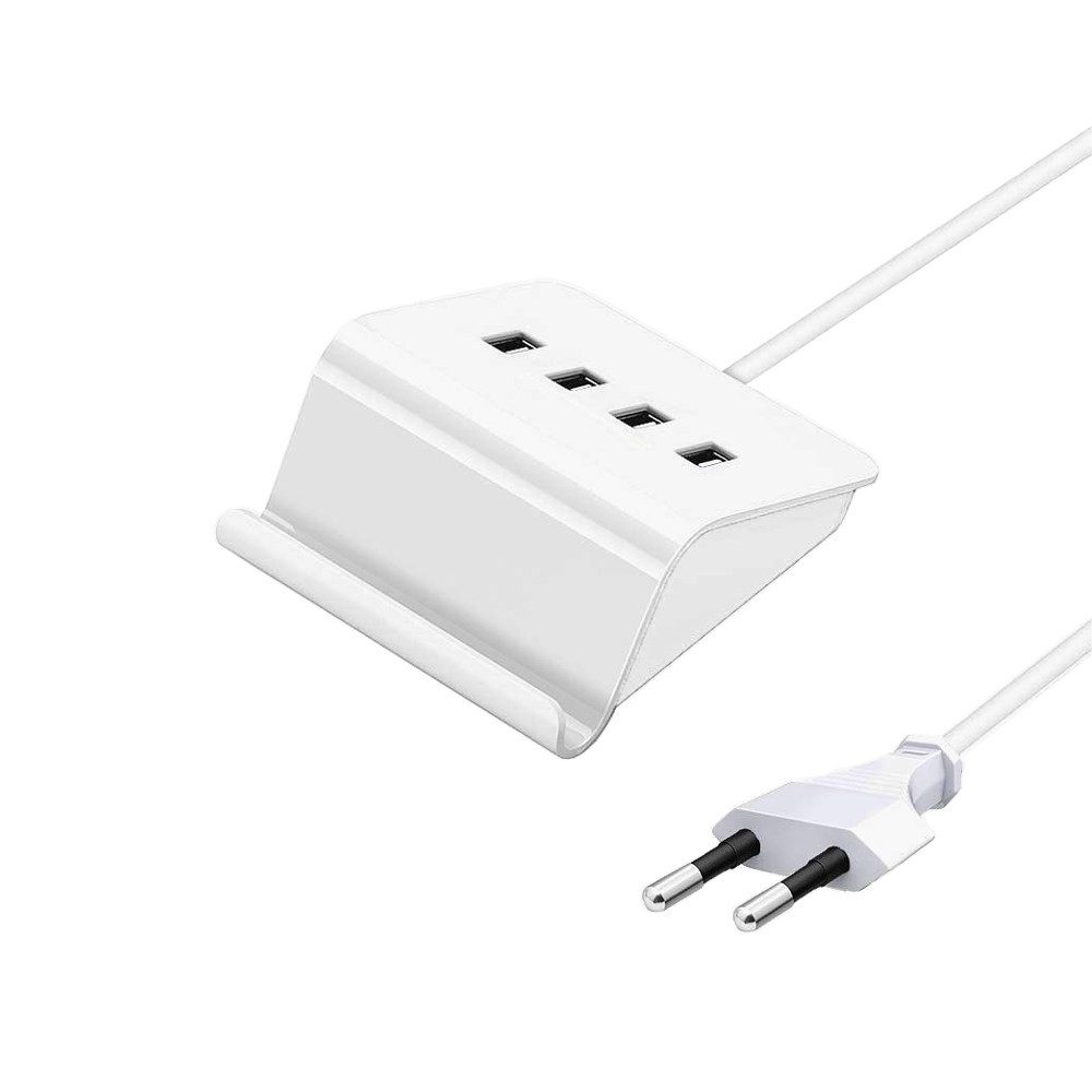 Trade-Shop 4-fach Ladeleiste 4x USB Ladeports Ladegerät Mehrfachstecker USB-Ladegerät (4000 mA, Stecker Eingang: EURO-Stecker / mit Handy- und Tablethalterung)