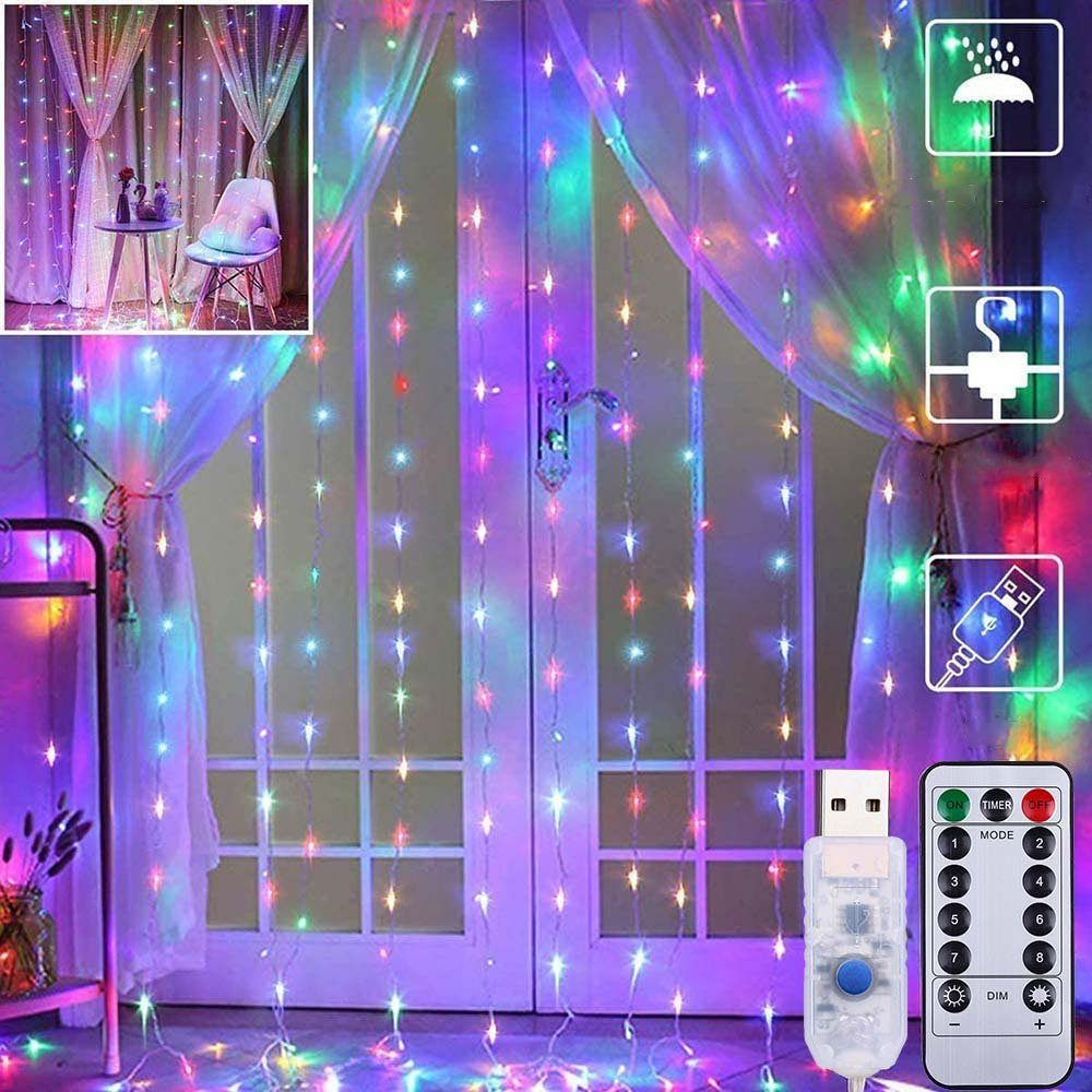 Sunicol LED-Lichtervorhang 3x3m 300 LED Lichterketten, Lichternetz, Weihnachten Innen Dekoration, Wasserdicht, USB Vorhang Nachtlicht für Wand Zimmer Party Fenster Mehrfarbig