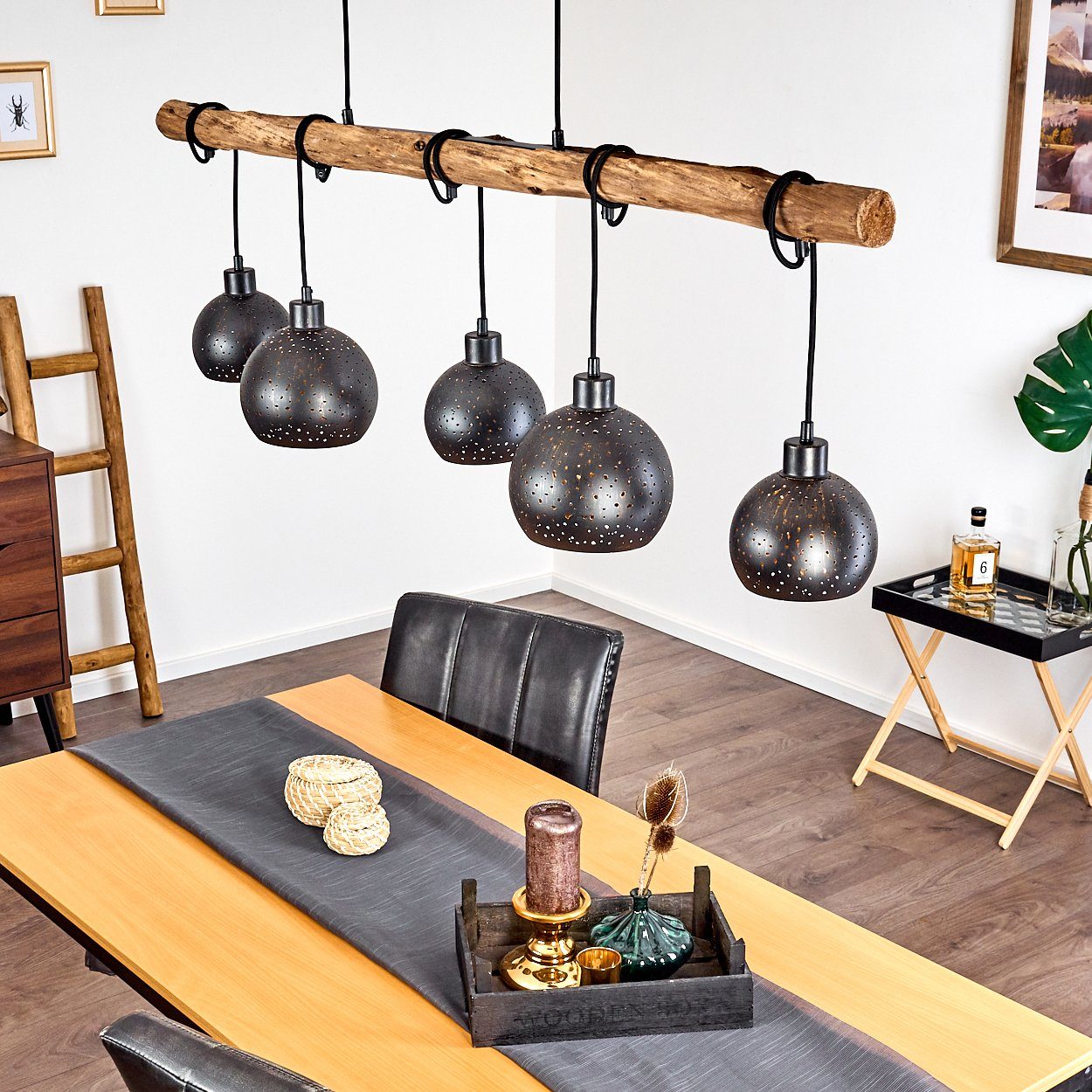 hofstein Pendelleuchte »Nave« 5-flammige Deckenlampe aus Metall in schwarz und kupferfarben, ohne Leuchtmittel, Vintage Look Pendellampe mit Holz in Natur, 5xE27
