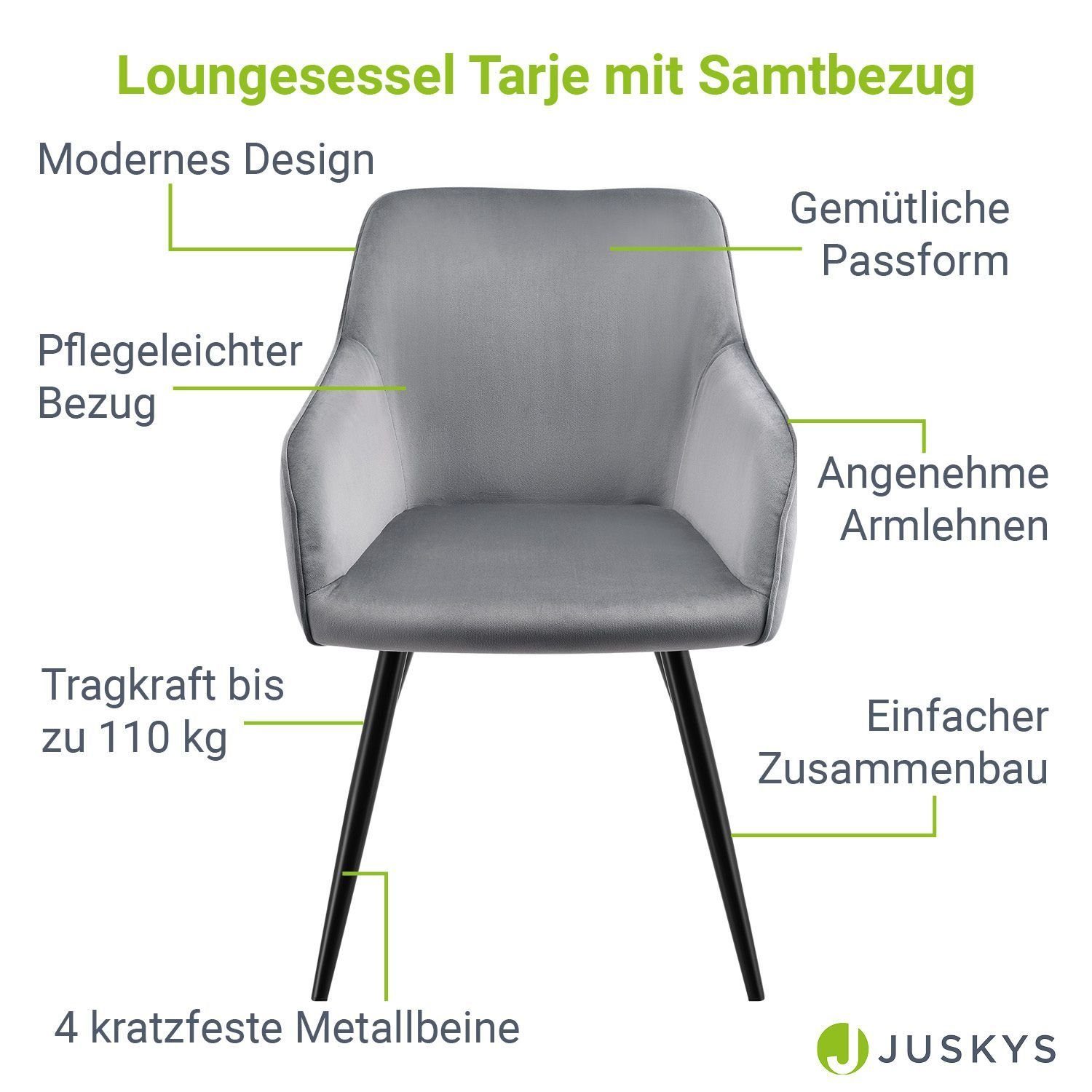 Juskys Loungesessel Tarje 4er Set | weiche Samtbezug, kratzfesten Hellgrau Hellgrau, Polsterung, Hellgrau Metallbeinen