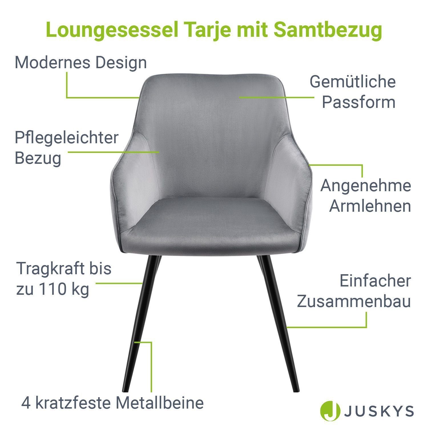 Juskys | Samtbezug, Loungesessel 6er weiche Hellgrau, Polsterung, Set Hellgrau Tarje kratzfesten Hellgrau Metallbeinen