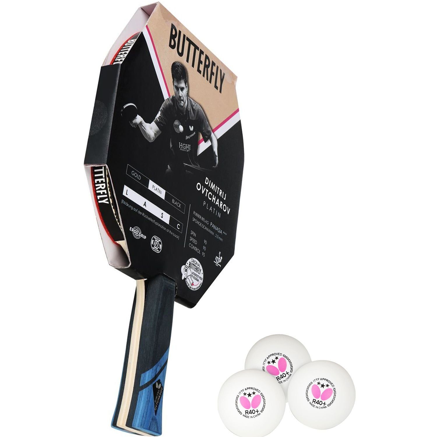 Butterfly Tischtennisschläger 1x Dimitrij Ovtcharov Platin + Bälle, Tischtennis Schläger Set Tischtennisset Table Tennis Bat Racket