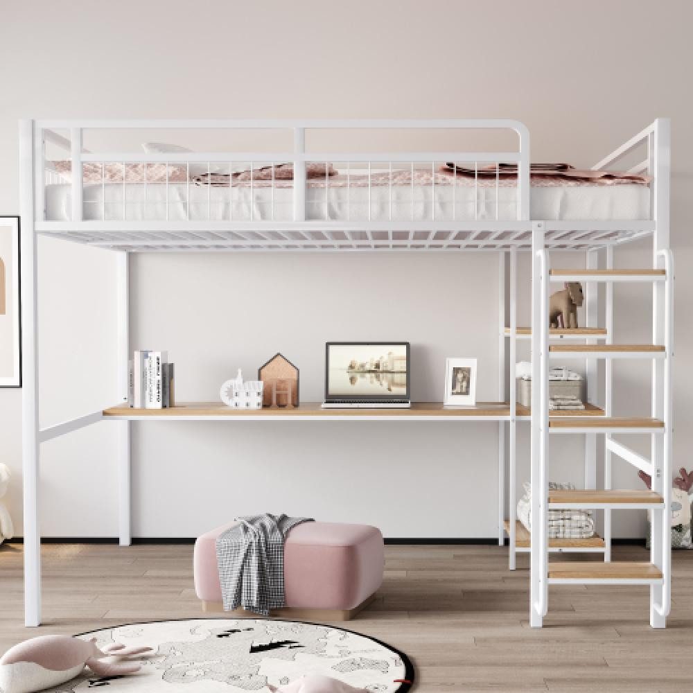 BBWL Metallbett 140x200 cm mit Sicherheitsleiter, Schreibtisch, Regal, Metallzaun, Metall Hochbett – Kinderbett für Kinder & Erwachsene