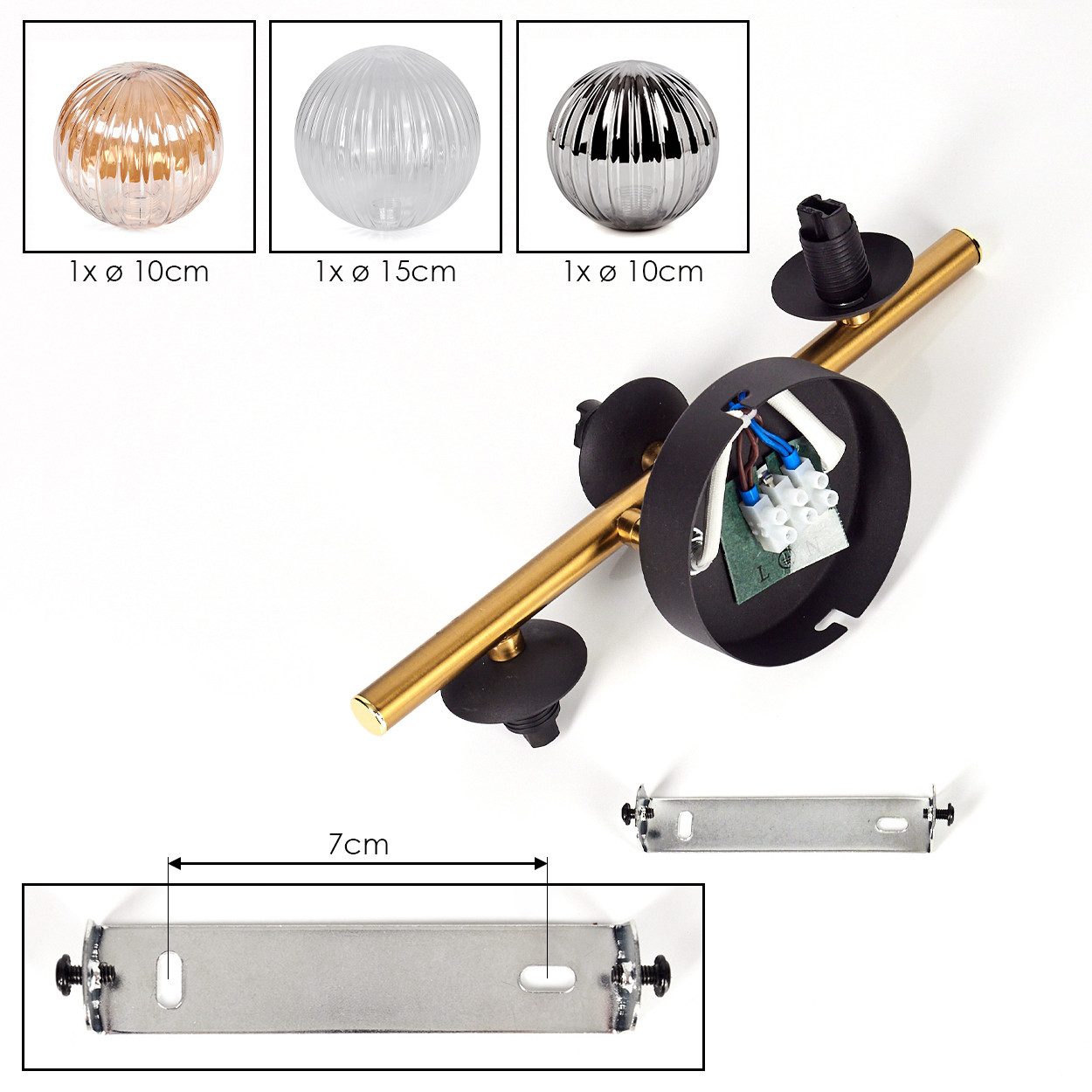 hofstein Deckenleuchte Deckenlampe aus Metall/Riffelglas in Schwarz/Gold/Rauch/Bernstein/Klar, ohne Leuchtmittel, Deckenleuchte im modernen Vintage-Design (Schirme Ø 10; 15 cm), 3 x G9