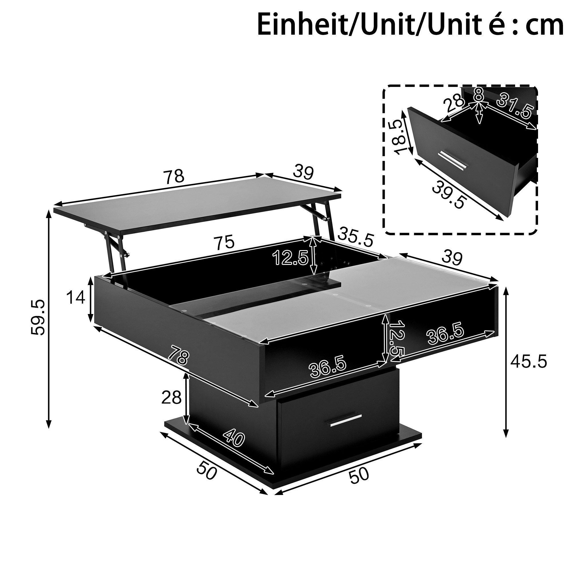 KLAM HOME Couchtisch Multifunktionaler Hochglanz-Lift-Couchtisch mit LED-Beleuchtung (verstellbarer Höhe & flexiblem Stauraum), modernes Design für Wohnzimmer,  – Bild 3 von 5
