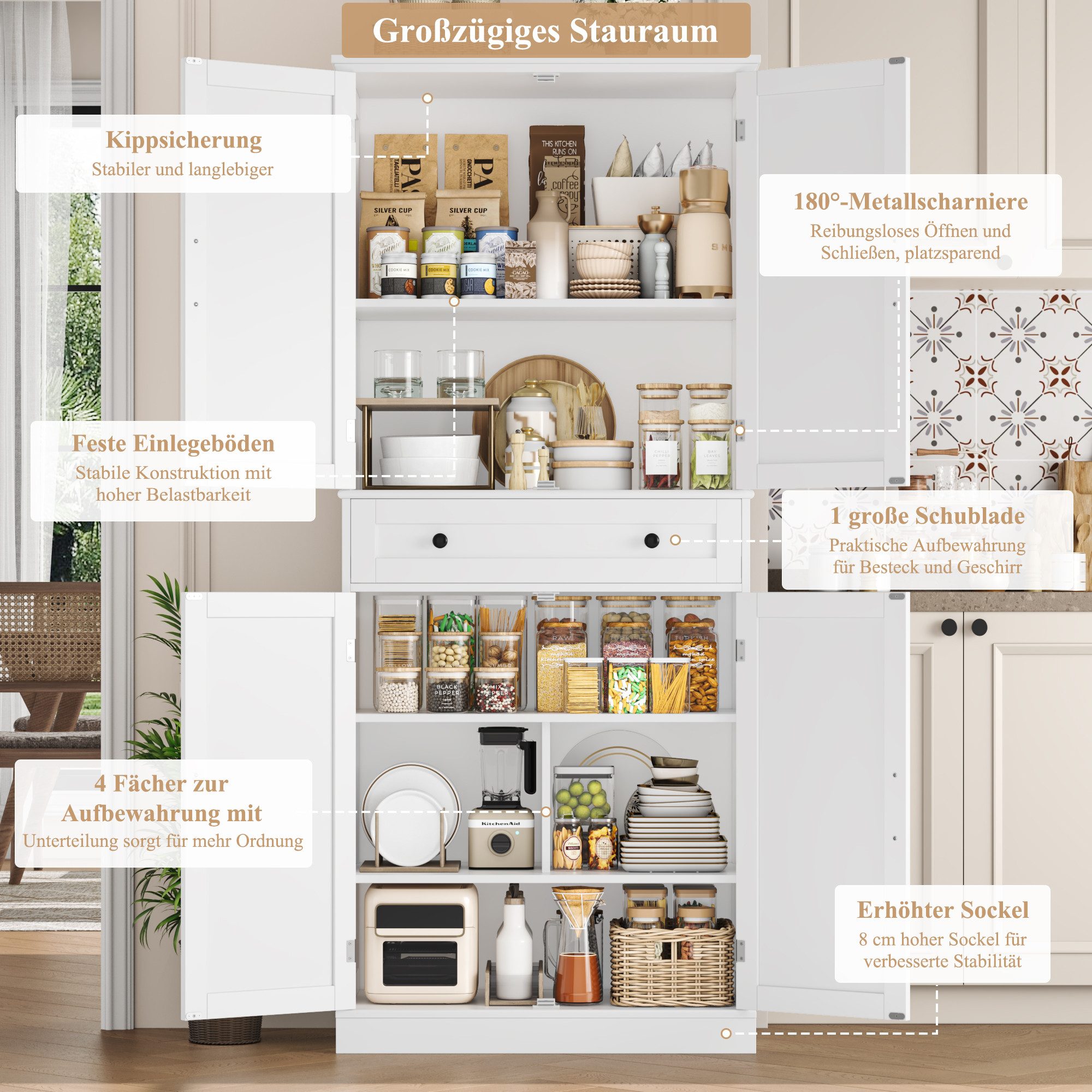 Homfa Küchenbuffet Küchenschrank mit 2 Schubladen Buffetschrank Vorratsschrank Mehrzweckschrank 181,5x40x76cm – Bild 5 von 5