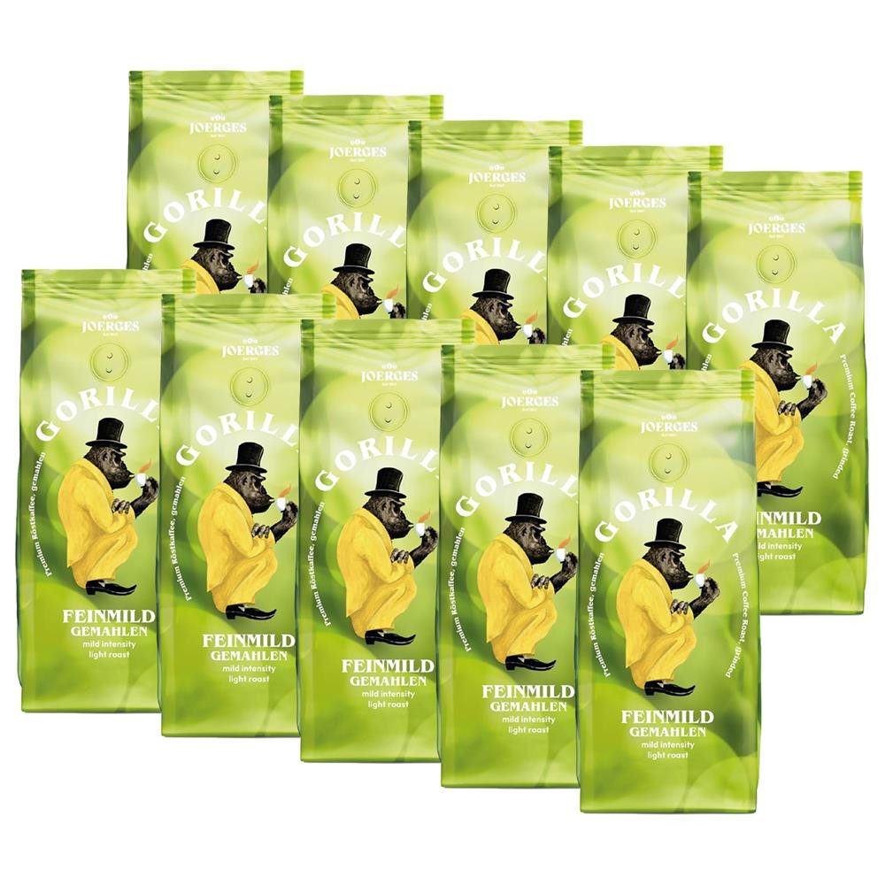 Gorilla Kaffee Kaffeepulver Feinmild gemahlen mild leicht geröstet, 10 x 500 g, 100% Arabica-Bohnen