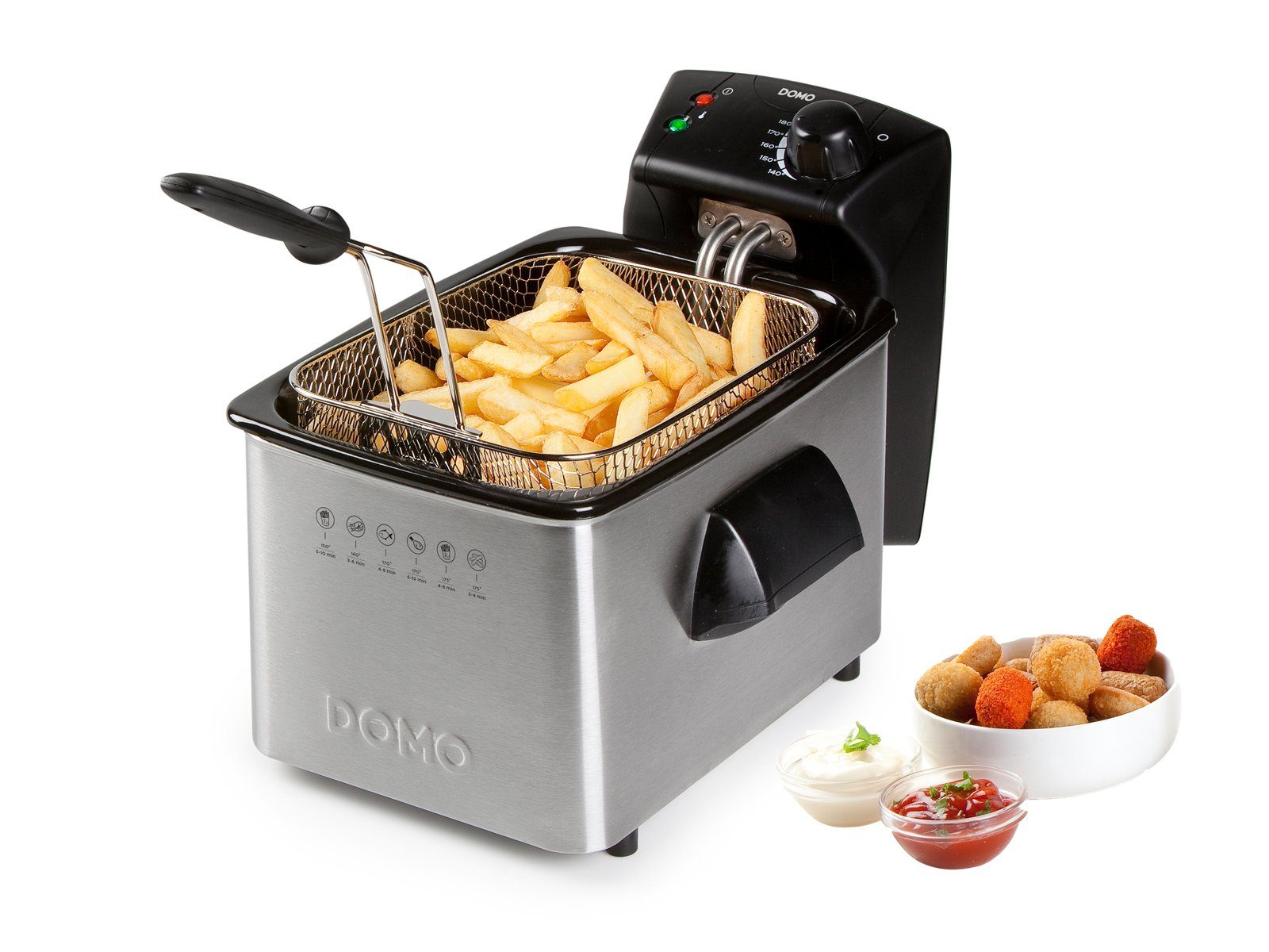 Domo Kaltzonenfritteuse, 2200 W, kleine 3L Frittöse Pommes, Schnitzel mit Fett frittieren & Salzstreuer
