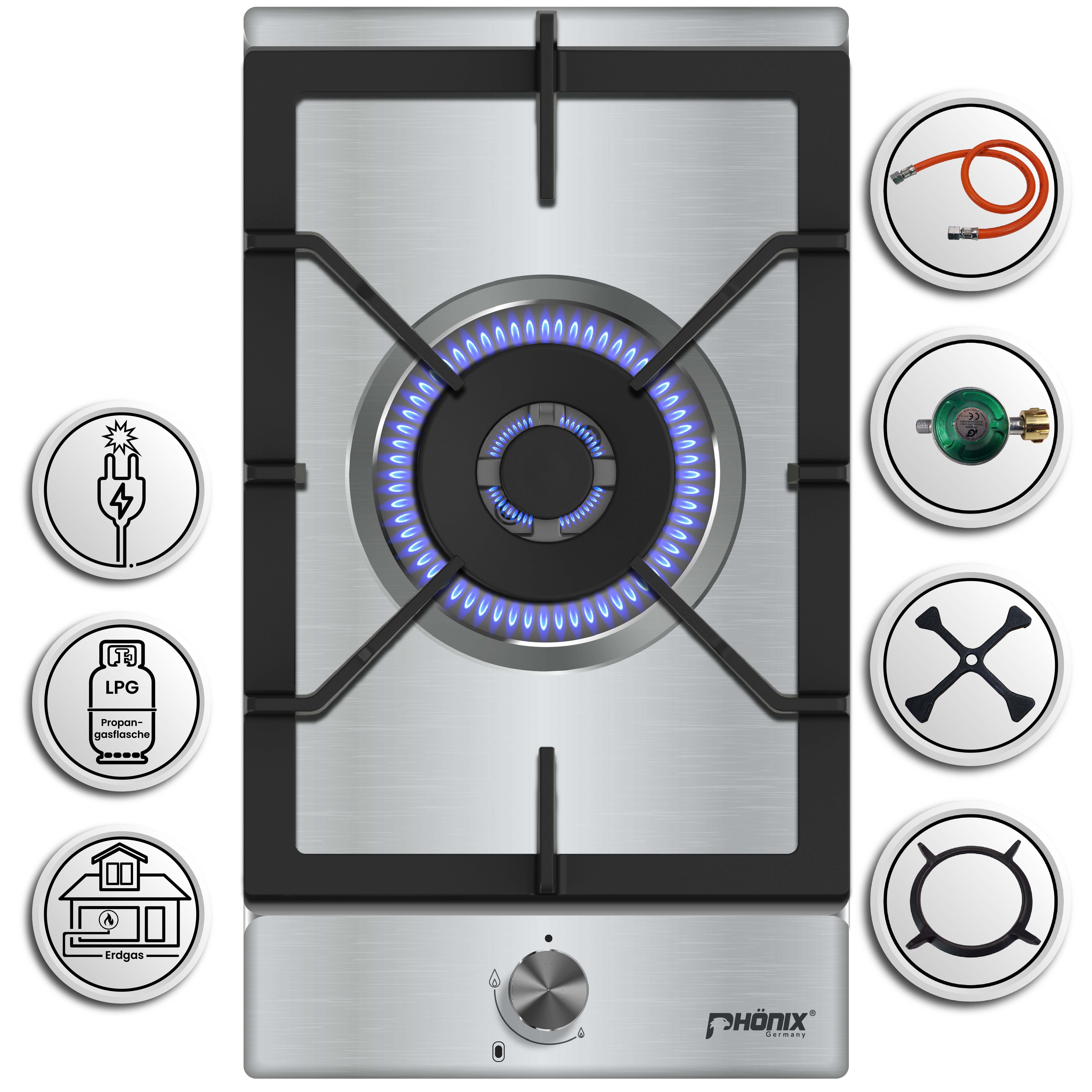 Phönix Germany Gas-Kochfeld 301-SL, Gaskocher 1 flammig mit Zündsicherung, Propan- / Erdgas, H-Gas