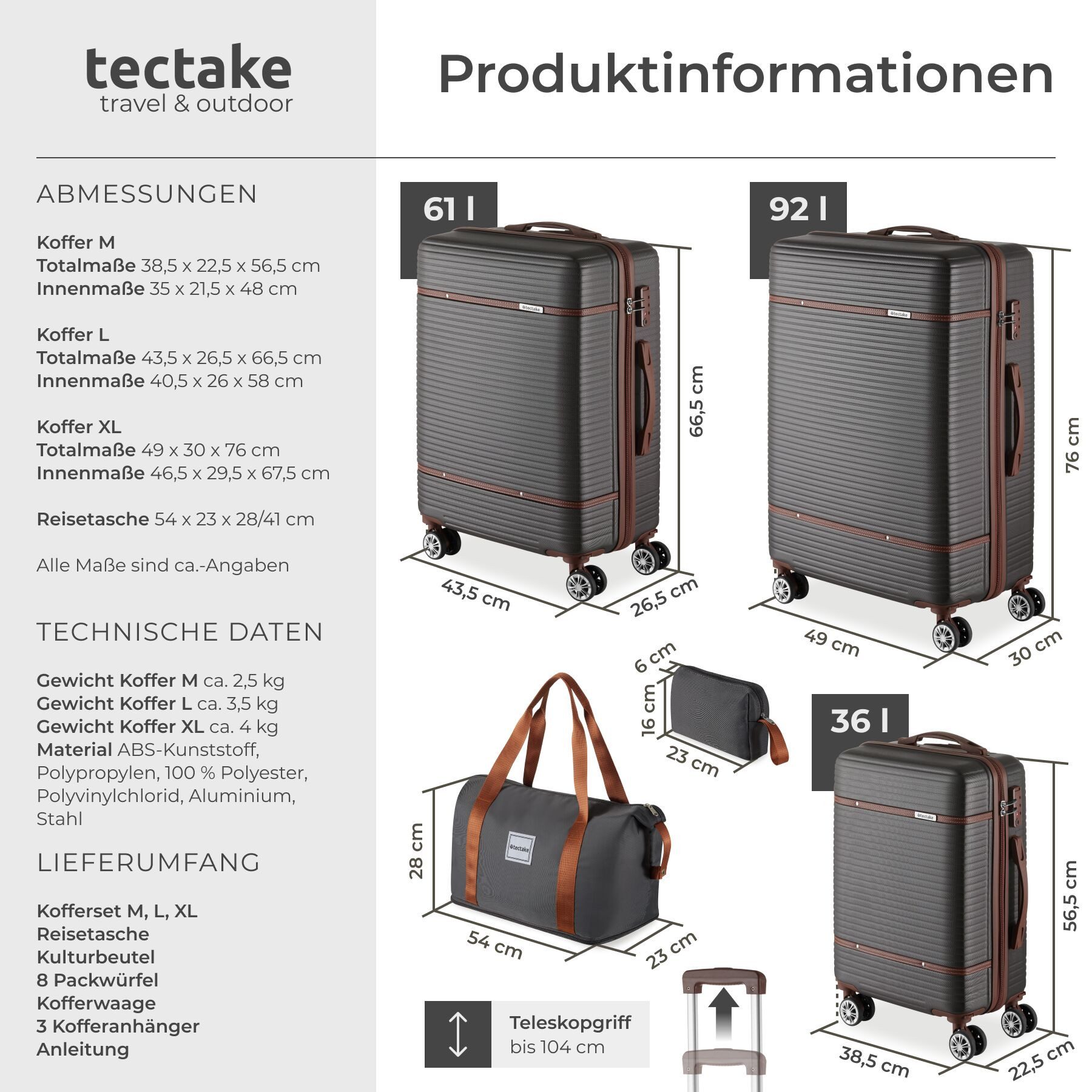 tectake Trolley Hartschalenkoffer-Set 13-tlg. robuster ABS-Kunststoff mit, 4 Rollen, TSA-Sicherheitszahlenschloss, 360° drehbare, abnehmbare Doppelrollen
