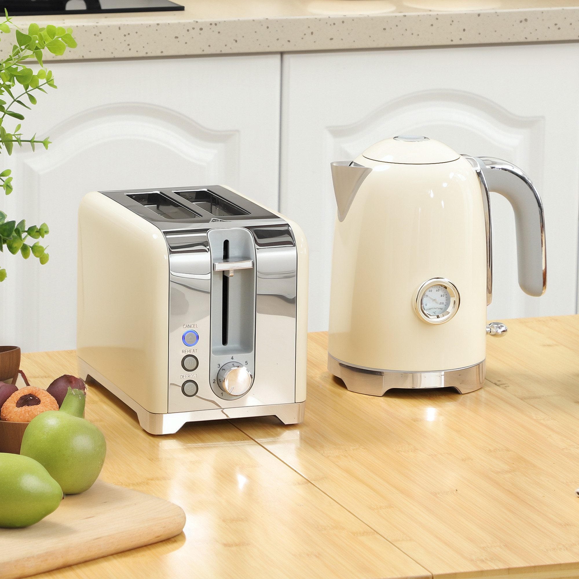 HOMCOM Тостеры 1,7 L Wasserkocher mit Otter-Thermostat, Kalkfilter, 2 Schlitze, für 2 Scheiben, 2200 W, mit 7 Bräunungsstufen, Krümelfach, Cremeweiß