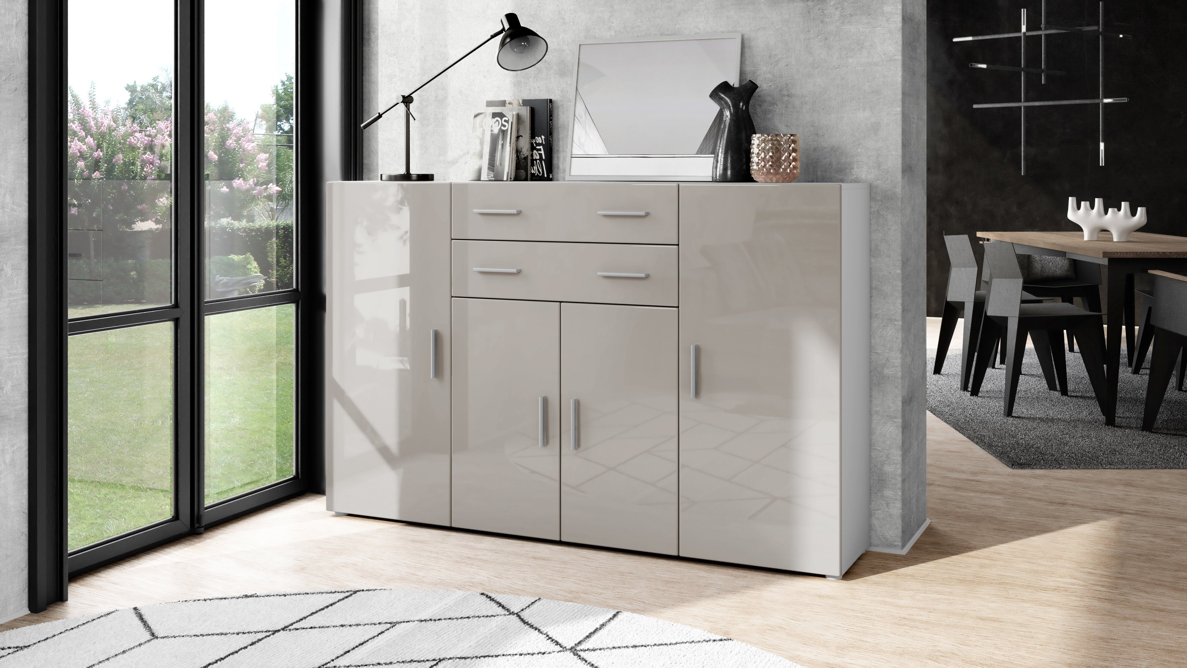 Vladon Highboard Aron (Anrichte, mit 4 Türen und 2 Schubladen), Weiß matt/Sandgrau Hochglanz (166,5 x 106,5 x 35 cm)