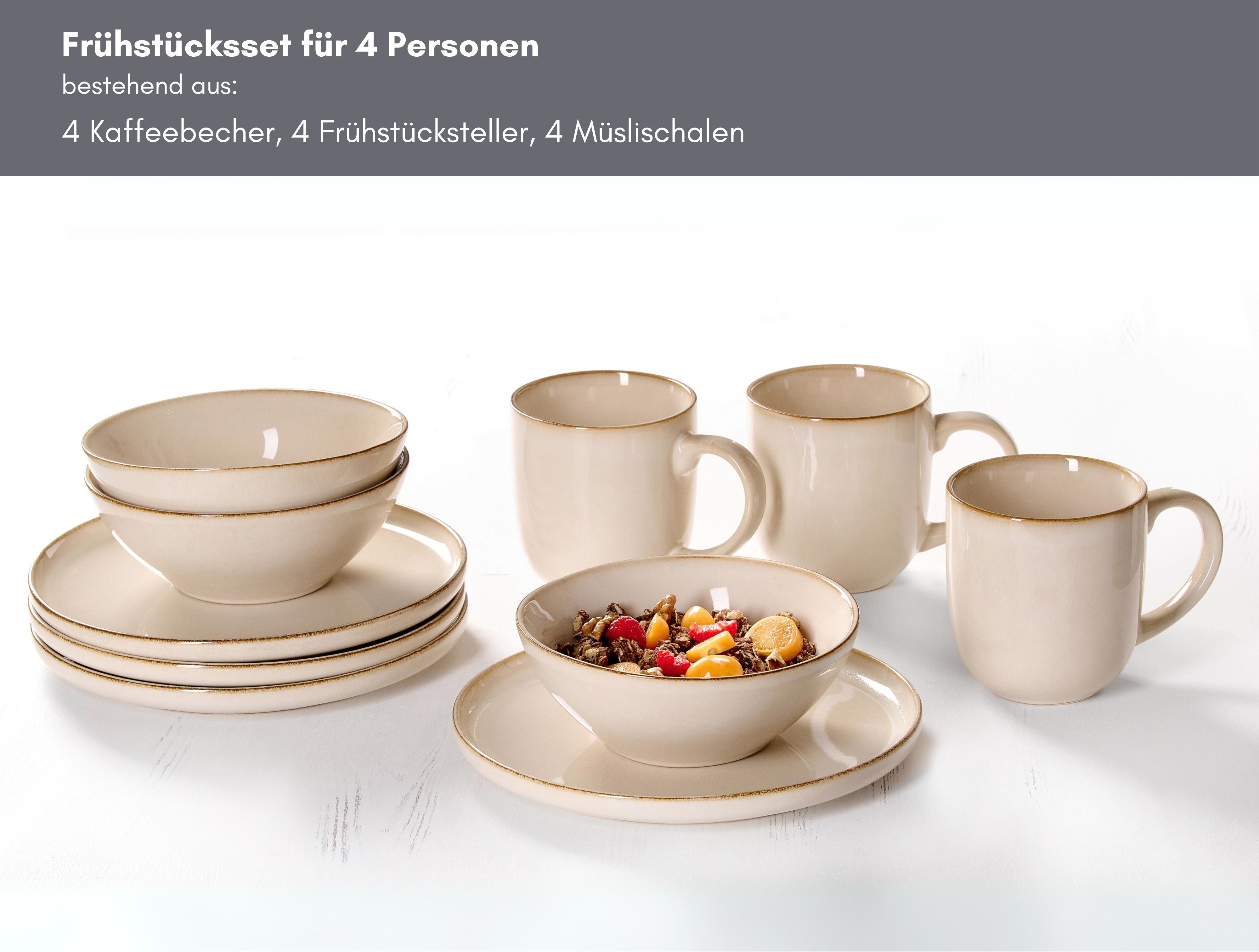 Ritzenhoff & Breker Frühstücks-Geschirrset Olivia (12-tlg), 4 Personen, Steingut, Reatkivglasur, jedes Stück ein Unikat