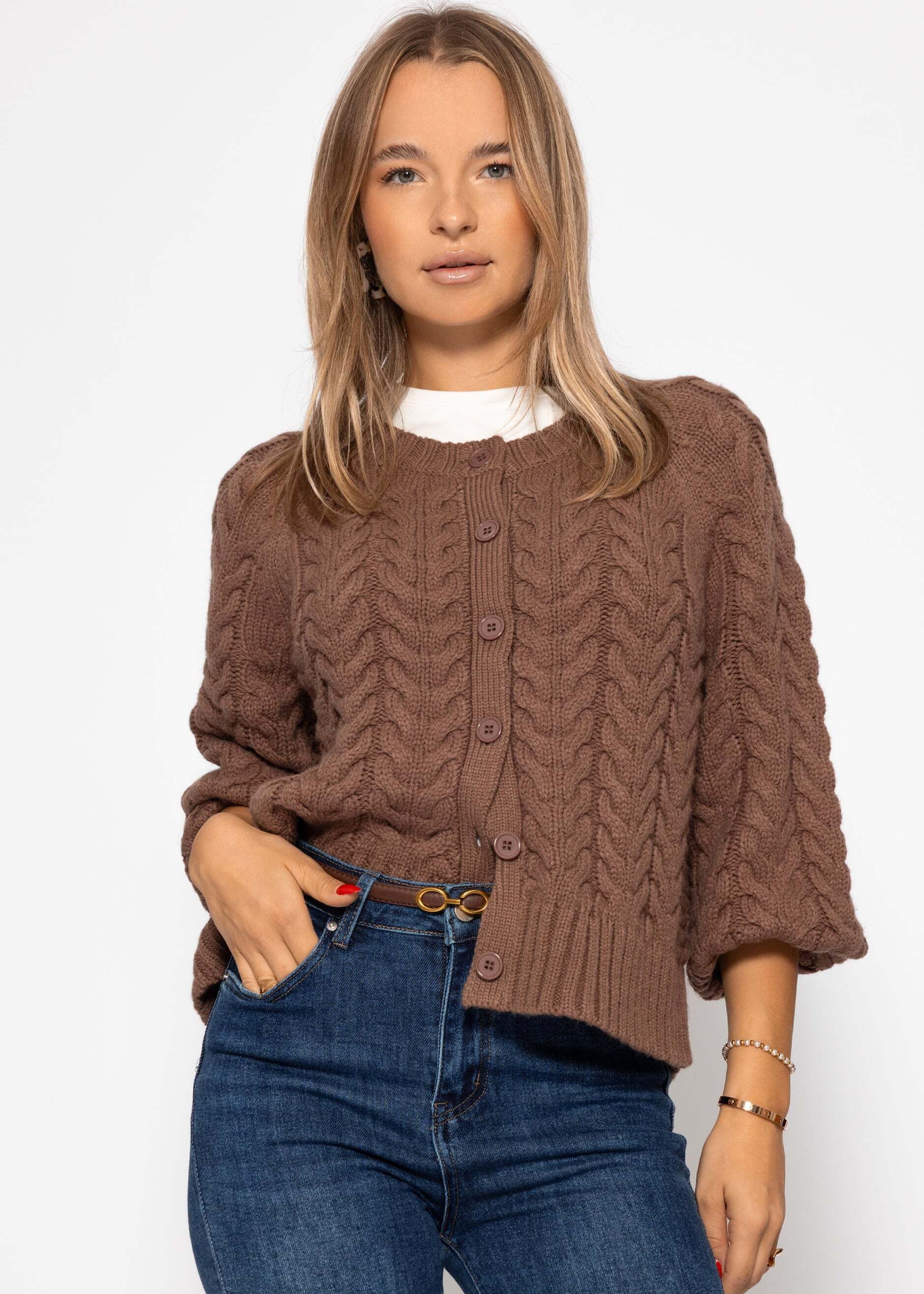 SASSYCLASSY Cardigan Zopfstrick Cardigan mit Rundhalsausschnitt günstig online kaufen