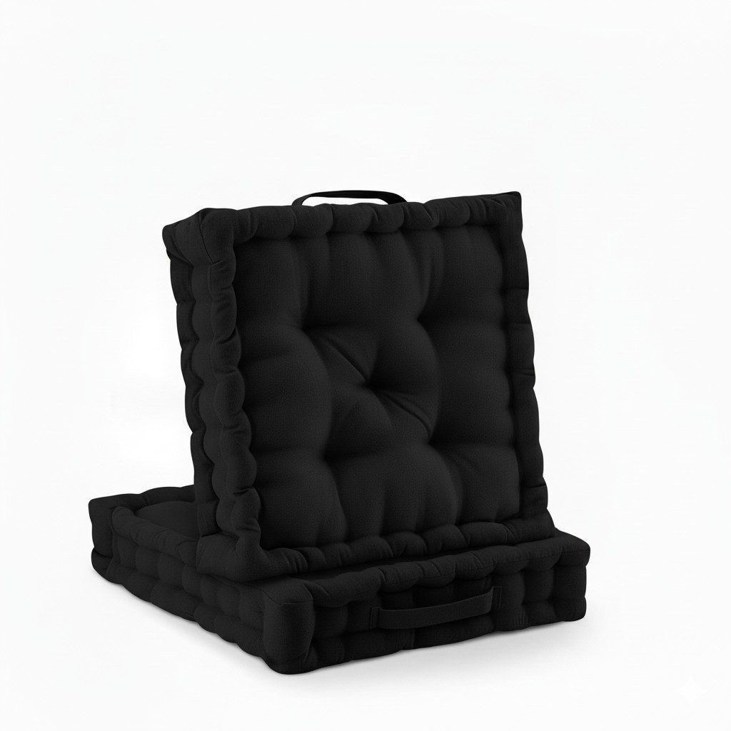 Beautissu Stuhlkissen 2er Set Bodenkissen Sitzkissen Mila, 50x50cm, Schwarz, Matratzenkissen 10cm, 100% Baumwolle Stuhlkissen Indoor & Outdoor